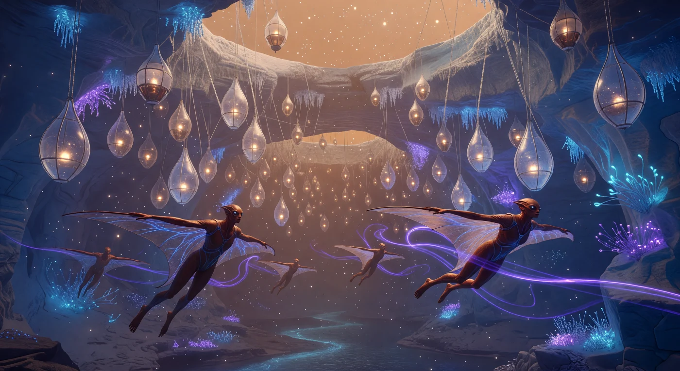 تُظهر هذه اللوحة "البساتين المعلقة" في كهوف تيتان الجليدية خلال عصر التوسع الشمسي (٢٥٠٠-٣٠٠٠ ميلادي)، حيث تتدلى مساكن بوليمرية مضيئة من أسقف جليد الماء الشاهقة وسط ضباب نيتروجيني برتقالي. ويتنقل عبر هذا الغلاف الجوي الكثيف كائنات "الأيرو" (Aeros)، وهي سلالة بشرية مطورة وراثياً تمتلك جلوداً نحاسية مقاومة للبرد وأغشية أجنحة جلدية تمكنها من الطيران الانزلاقي في جاذبية القمر المنخفضة. يعكس هذا المشهد ذروة حضارة "الهيمنة الكرونية"، حيث تكيفت الحياة مع اقتصاد الميثان والبيئات العمودية الشاسعة لأقمار زحل، بعيداً عن ضوء الشمس المباشر.