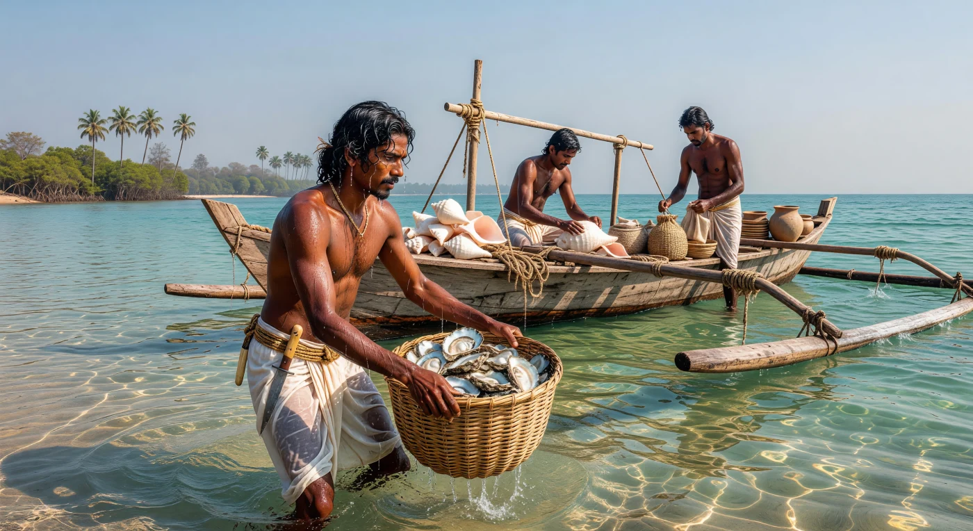Un buceador pandyano de piel cobriza emerge de las aguas cristalinas del estrecho de Palk con una cesta de ostras perlíferas, mientras sus compañeros limpian conchas sagradas en un *vattai*, una embarcación tradicional de madera cosida. En el siglo IV d.C., el Reino Pandya del sur de la India dominaba este lucrativo comercio, suministrando tesoros marinos altamente valorados tanto en rituales locales como en los mercados de lujo del Imperio Romano. Esta escena ilustra la maestría marítima de la cultura Sangam y su papel fundamental en las redes de intercambio global durante la Antigüedad Tardía.