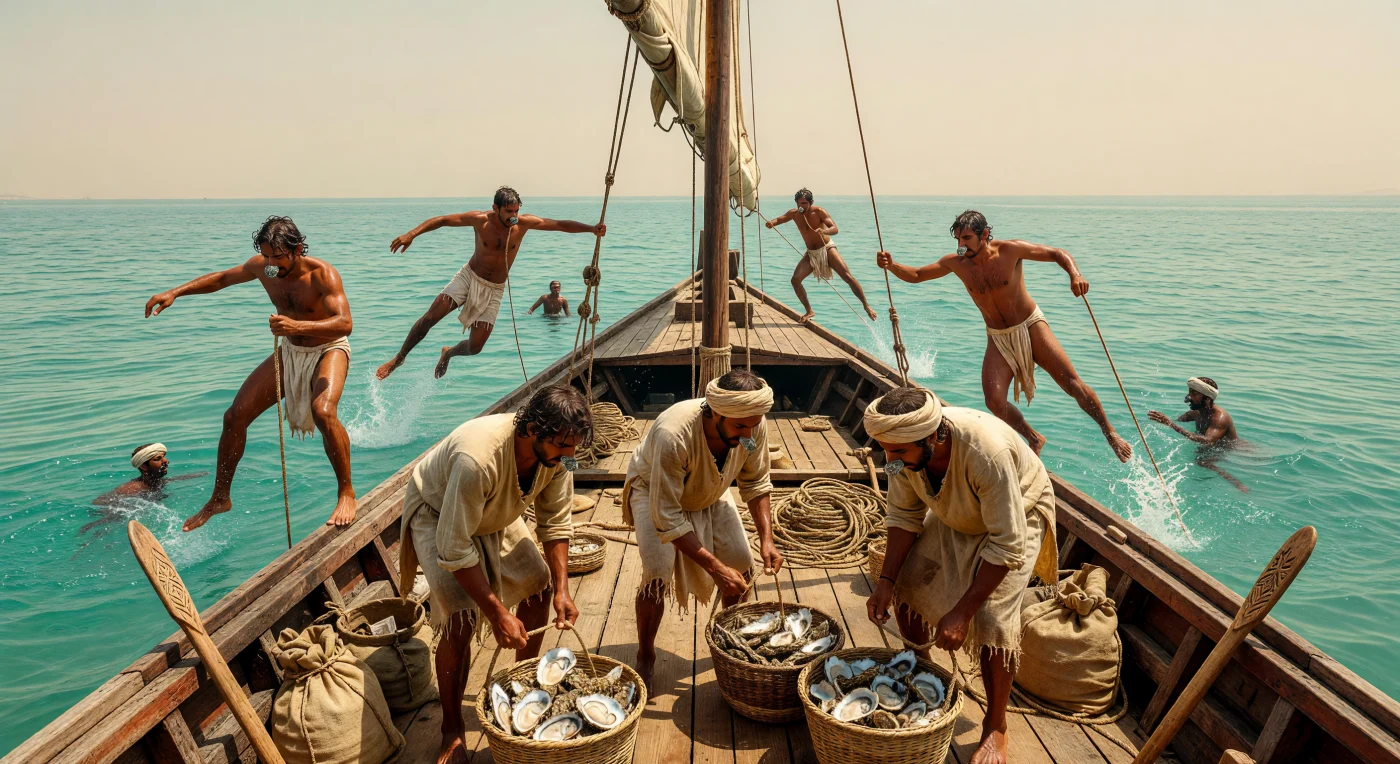 En el siglo XV, buceadores árabes o *ghawwas* se lanzan desde un dhow *sambuk* de teca hacia las aguas turquesas del Golfo Pérsico, utilizando pinzas nasales de carey y cuerdas lastradas para descender rápidamente al lecho marino. Esta agotadora labor representaba el corazón de la economía regional, con tripulantes en cubierta que izaban manualmente cestos de fibra de palma repletos de ostras bajo un sol abrasador. Estas expediciones combinaban técnicas ancestrales y una resistencia física extrema para suministrar perlas preciosas al mercado de lujo global, siglos antes de la transformación industrial de la región.