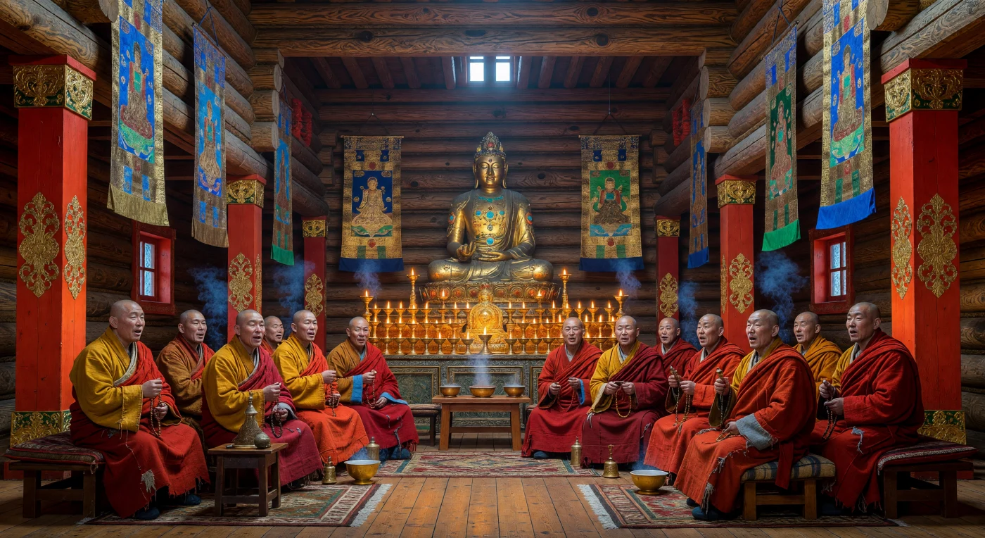 Inside a 19th-century Buryat datsan near Lake Baikal, monks gathered for ritual prayer embody the unique cultural synthesis of the Siberian frontier. The temple’s architecture reflects a blend of Tibetan spiritual layout and Russian log carpentry, featuring massive larch timbers and vibrant cinnabar-painted pillars decorated with traditional motifs. Amidst the haze of juniper incense and the warm glow of hundreds of yak-butter lamps, the practitioners wear layered wool and silk robes adapted for the harsh northern climate, maintaining the Vajrayana traditions that flourished under the Russian Empire’s administration.
