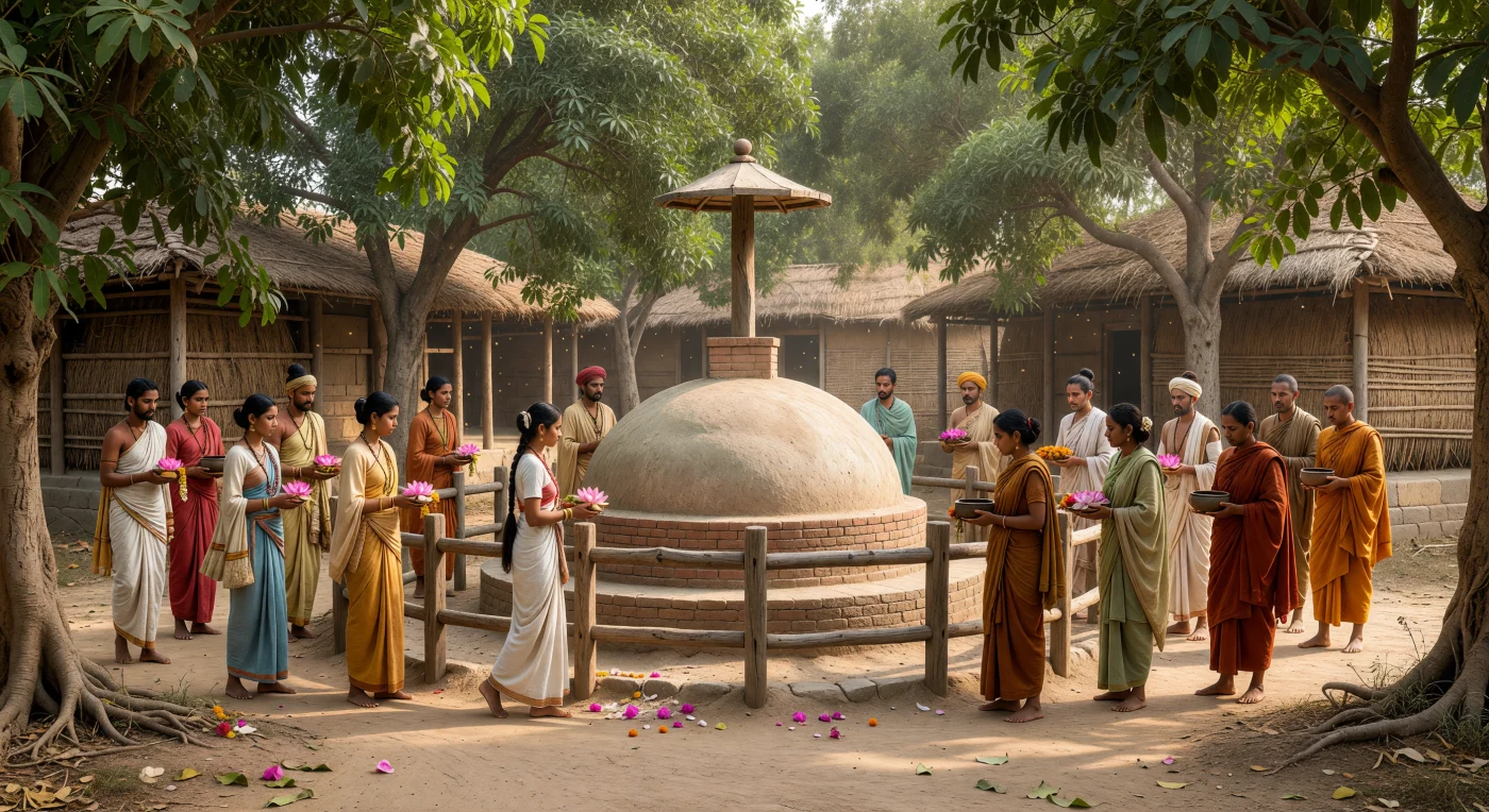 Gläubige Stifter aus der Gangesebene schreiten mit Blumenopfern im Uhrzeigersinn um einen frühen buddhistischen Stupa aus Lehm und gebrannten Ziegeln, dessen verputzte Kuppel von einem hölzernen Mast mit Sonnenschirm bekrönt und von einer schlichten Holzumfriedung eingefasst ist. Unter den Schatten der Pipalbäume empfangen Mönche in safran- und erdbraunen Gewändern Almosen, während die fein gewebten Baumwollstoffe und Schmuckstücke aus Gold, Muschel und Karneol auf den Wohlstand städtischer und ländlicher Laien im nordindischen Maurya- und frühpostmauryanischen Zeitalter des 3.–2. Jahrhunderts v. Chr. verweisen. Die Szene zeigt eine frühe Phase buddhistischer Kultpraxis, noch vor den monumentalen Steingeländern und Toranlagen späterer Jahrhunderte, als Verehrung vor allem durch Umrundung, Gaben und die Unterstützung der Mönchsgemeinde Ausdruck fand.
