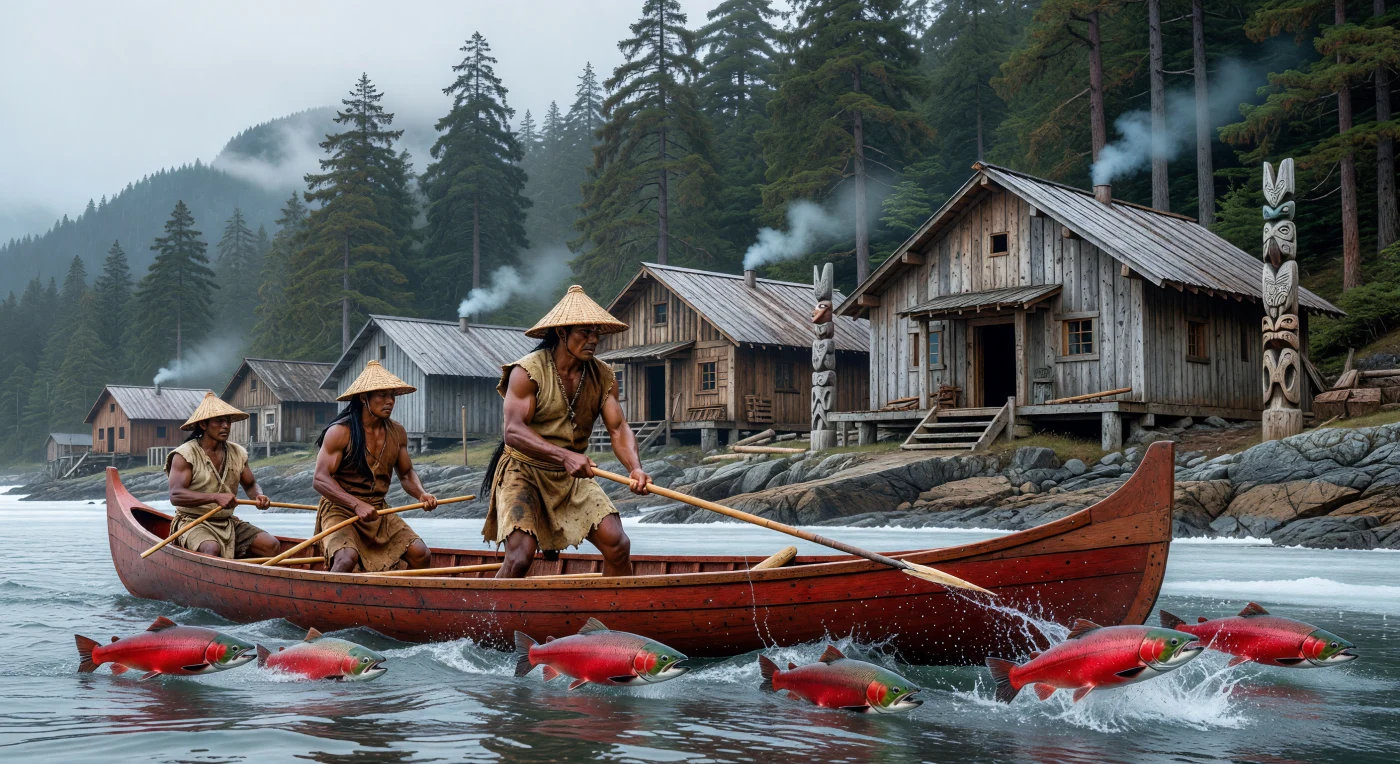 서기 800년경 북미 태평양 연안 북서부의 서늘한 아침, 원주민 어부들이 붉은 삼나무로 제작된 배 위에서 뼈 작살을 이용해 힘차게 솟구치는 연어를 사냥하고 있습니다. 삼나무 껍질로 짠 모자를 쓴 이들의 뒤편으로는 까마귀와 범고래 문양이 새겨진 초기 형태의 가옥 기둥과 거대한 삼나무 롱하우스 마을이 안개 낀 원시림을 배경으로 장엄하게 펼쳐집니다. 이 장면은 정교한 목공 기술과 풍부한 해양 자원을 바탕으로 독자적인 공동체 문화를 꽃피웠던 북미 연안 부족들의 역동적인 삶의 현장을 생생하게 보여줍니다.