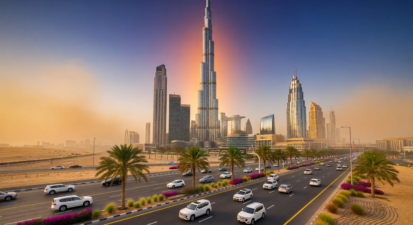 Dominant l'horizon de Dubaï, le Burj Khalifa scintille sous les reflets orangés d'un coucher de soleil voilé par la brume du désert, surplombant le flot incessant de VUS de luxe sur l'autoroute Sheikh Zayed. Symbole de l'ère numérique et de l'ambition démesurée du début du XXIe siècle, cette structure néo-futuriste en verre et en acier incarne la transition fulgurante du Moyen-Orient vers une économie de services et une hyper-modernité technologique. Ce paysage urbain, où les jardins irrigués côtoient des infrastructures monumentales, témoigne d'une époque définie par la transformation radicale du territoire et l'opulence architecturale.