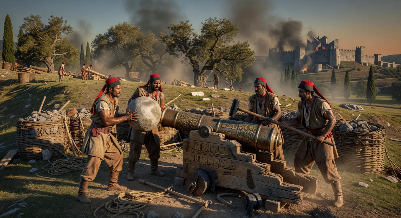 16世紀のオスマン帝国軍の砲兵隊が、精巧な装飾が施された巨大な青銅製の大砲「バルイェメズ」に石弾を装填し、遠方の要塞を狙う緊迫した包囲戦の光景です。特徴的なフェルト帽を被ったイェニチェリたちは、土を詰めた籠の防壁の背後で、黄金色の夕日に照らされながら過酷な労働に従事しています。当時世界最高水準を誇った帝国の火力と組織力は、中世の騎士道に代わり、火薬による新たな戦争の時代の幕開けを象徴しています。