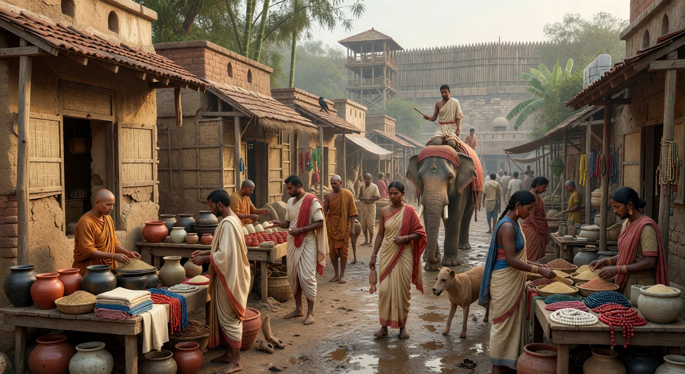A crowded market street in 3rd-century BC Pataliputra, capital of the Mauryan Empire, would have been lined with timber-and-brick shopfronts beneath awnings, its muddy road alive with potters, bead sellers, grain merchants, monks, cattle, and an elephant threading through the traffic. The scene reflects the material world of early historic North India: cotton draped garments, punch-marked silver coins, standardized weights, black-slipped wares, and the great wooden palisade for which the city was renowned. It evokes a cosmopolitan imperial center in the Gangetic plain, where trade, craft production, and Buddhist presence coexisted within one of the ancient world’s largest urban capitals.