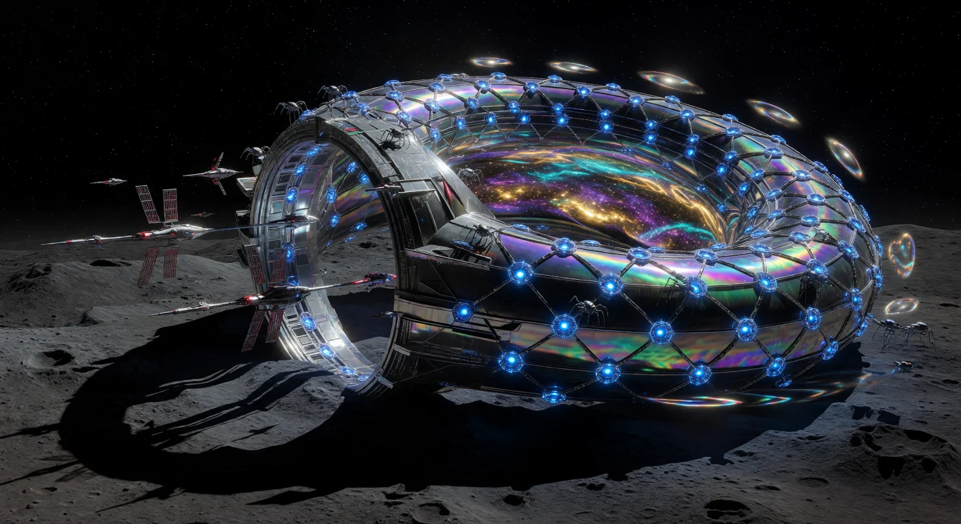 تجسد هذه اللقطة بوابة "فانس-سينتوري" للانحناء الزمكاني، وهي حلقة هندسية بقطر خمسة كيلومترات مصنوعة من سبيكة الإيريديم المتلألئة، تطفو في سكون تام فوق سطح قمرٍ مقفر خلال حقبة "فجر العصر النجمي" (حوالي عام 3142 ميلادي). يظهر في قلب الحلقة "فقاعة ألكوبيير" كدوامة سائلة من النجوم المشوهة، وهي التقنية التي مكنت "كونسورتيوم سينتوري" من طي أبعاد الكون وربط الأنظمة النجمية البعيدة لأول مرة في التاريخ البشري السحيق. نلاحظ سفن الاستكشاف من طراز "فويد-سترايدر" وهي تقترب من هذا الممر المهيب، لتمثل بداية الهجرة الكبرى التي حولت النوع البشري من كائنات حبيسة نظامها الشمسي إلى حضارة مجرية سائدة.