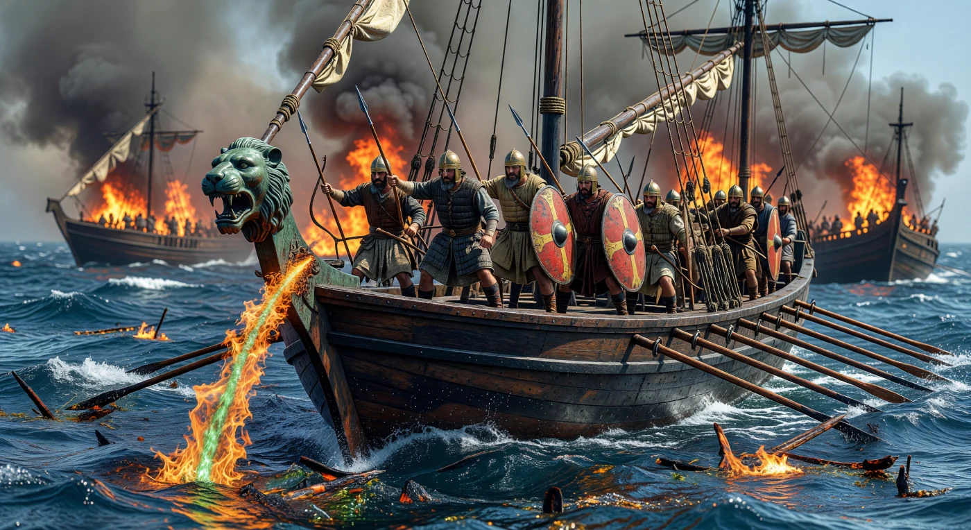 Een Byzantijnse dromon klieft door de Middellandse Zee terwijl een bronzen sifon in de vorm van een leeuwenkop een vernietigende straal "Grieks vuur" uitspuwt, een angstaanjagend wapen dat zelfs op water bleef branden. Dit vloeibare vuur was het best bewaarde staatsgeheim van het Byzantijnse Rijk en stelde hen in staat om eeuwenlang de strategische maritieme handelsroutes te beheersen. Aan boord bereiden mariniers in gewatteerde *kavadia* zich voor op de strijd, terwijl dichte rookwolken de horizon verduisteren tijdens dit spectaculaire vertoon van middeleeuwse marine-technologie.