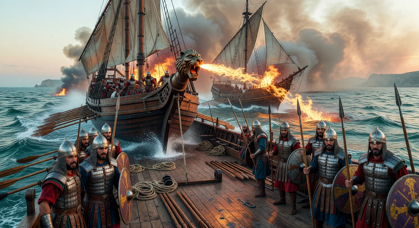 In deze dynamische scène projecteert een Byzantijns dromon een verwoestende straal Grieks vuur vanuit een bronzen sifon, wat een inferno veroorzaakt op een vijandelijke galei in de negende-eeuwse Middellandse Zee. Terwijl dikke, zwarte rook de horizon vult, bereiden mariniers in hun karakteristieke lamellaire harnassen zich voor op de enterstrijd te midden van vlammen die zelfs op het water blijven branden. Dit geheime chemische wapen was cruciaal voor de maritieme dominantie van het Byzantijnse Rijk en boezemde eeuwenlang angst in bij elke tegenstander.