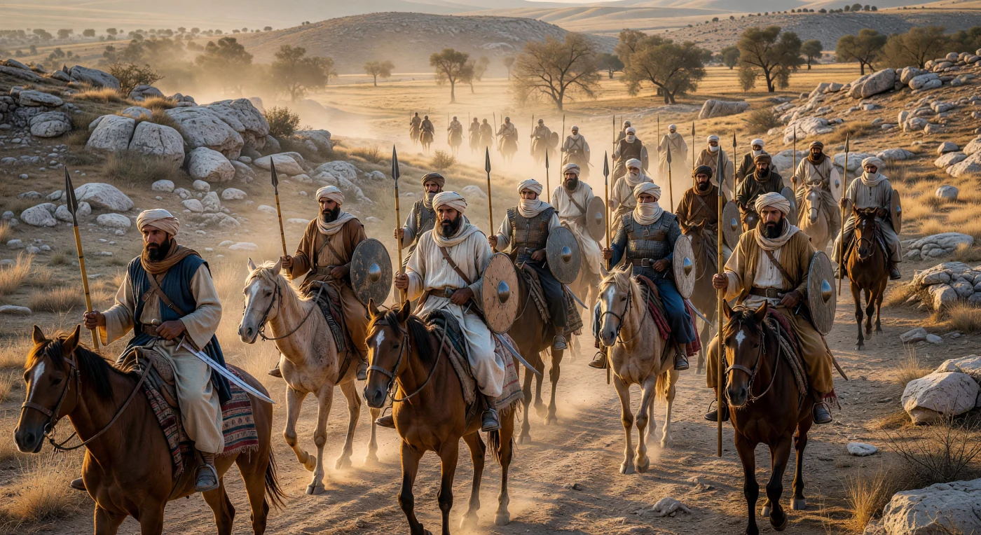 Una columna de caballería del Califato Rashidun avanza a través de las áridas colinas de caliza del Levante en el siglo VII, con guerreros beduinos montados sobre dromedarios y veloces caballos árabes. Ataviados con túnicas de lino y turbantes para protegerse del polvo, estos combatientes portan espadas rectas de doble filo y escudos circulares de cuero endurecido conocidos como *daraqah*. La escena captura la disciplina y la notable resistencia de las fuerzas que impulsaron la expansión islámica temprana, destacando un equipo militar diseñado para la movilidad extrema en el entorno desértico.