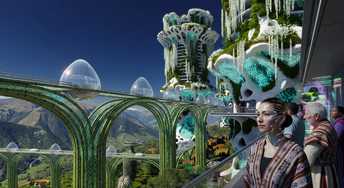 Hacia el año 2085, el paisaje andino de Quito exhibe una integración radical entre biología y tecnología conocida como el Amanecer Aumentado, donde colosales "Caballetes Vivientes" de bambú genéticamente modificado y rascacielos de "Hueso Vivo" —carbonato de calcio sintetizado a partir de carbono atmosférico— actúan como soportes para el transporte por levitación magnética. En esta simbiosis rurbana, los ciudadanos de la Alianza del Sur, desde humanos "Naturales" hasta "Bio-Sintéticos" con micelio neural integrado, gestionan la biosfera mediante capas de realidad aumentada que monitorean en tiempo real la producción de oxígeno y la energía bio-fotovoltaica. Esta era representa una transición evolutiva crítica en la que la humanidad, mediante la ingeniería genómica y la captura de carbono, deja de ser un agente disruptivo para transformarse en un componente arquitectónico y metabólico del ecosistema terrestre.