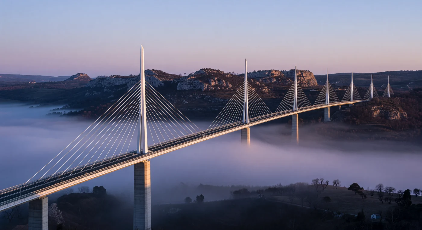 Completed in 2004, the Millau Viaduct in Southern France represents a pinnacle of Digital Age engineering, where computer-aided design allowed for the creation of the world’s tallest bridge structure. This scene captures the seven slender, cable-stayed pylons rising 343 meters above the Tarn Valley, their tapered forms and white steel finish exemplifying the era's shift toward lightweight, aerodynamic, and iconic infrastructure. The bridge’s subtle curvature and high-tensile steel components reflect a masterly integration of early 21st-century precision within the rugged, ancient landscape of the Aveyron region.