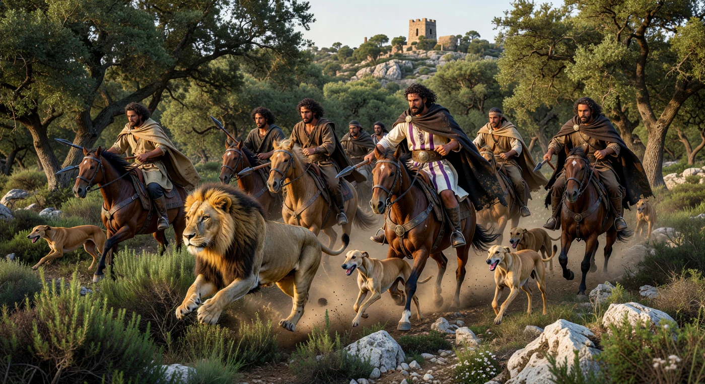 Este mosaico vívido captura uma caçada nas montanhas da Numídia Romana por volta de 300 d.C., onde caçadores de elite e cavaleiros berberes perseguem um majestoso leão-da-barbária entre sobreiros e rochas de calcário. A cena detalha o uso de cavalos locais sem estribos, selas romanas de quatro cornos e cães Sloughi, evidenciando a perícia técnica e a fusão de tradições mediterrâneas e africanas na Antiguidade Tardia. Tais expedições eram fundamentais tanto para a proteção das vilas rurais quanto para o suprimento de animais exóticos destinados aos anfiteatros do Império Romano.