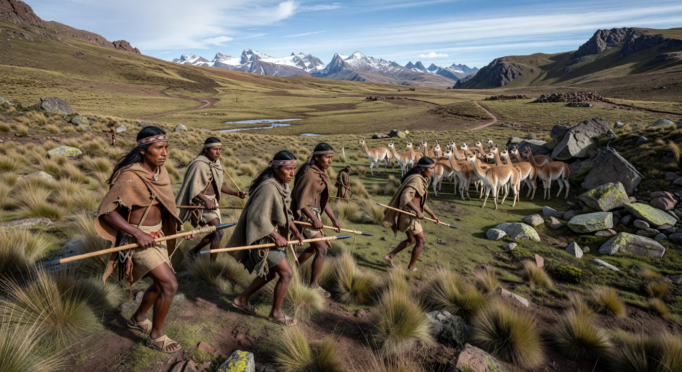 Nas terras altas dos Andes centrais, caçadores indígenas avançam em silêncio pela puna varrida pelo vento, envoltos em mantos simples de fibra de camelídeo e armados com lanças de madeira de ponta lítica, enquanto um pequeno grupo de vicunhas permanece em alerta junto às encostas rochosas. Situada entre cerca de 300 e 120 a.C., esta cena mostra um modo de vida andino anterior aos grandes estados, quando comunidades de altitude dependiam de têxteis tecidos à mão, tecnologia de pedra e profundo conhecimento do ambiente para caçar e sobreviver num clima frio, seco e rarefeito. As vicunhas, camelídeos selvagens valorizados pela sua fibra fina, eram parte essencial da ecologia e da subsistência das serras andinas muito antes das formações políticas posteriores, como o mundo inca.