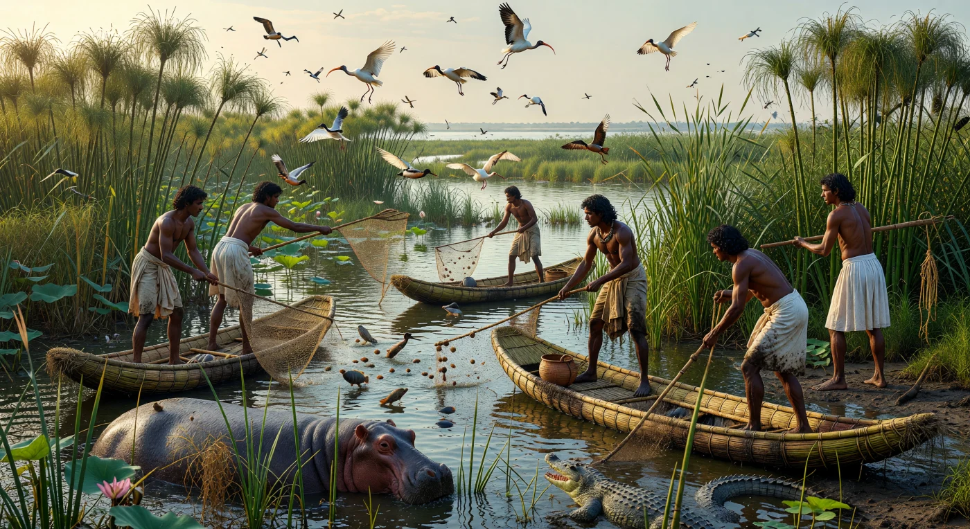 In questa laguna del Delta del Nilo, uomini egizi dell’Età del Bronzo mantengono l’equilibrio su sottili schifi di papiro mentre lanciano reti di lino tra canneti fitti, con tilapie che increspano l’acqua e stormi di ibis e anatre che si levano in volo. La scena richiama le attività di pesca e caccia agli uccelli acquatici ben note dalle pitture tombali del Medio e del Nuovo Regno, dove le paludi erano insieme risorsa vitale e simbolo di fertilità. Tra i giunchi, però, affiorano anche i pericoli reali del paesaggio nilotico: un ippopotamo e un coccodrillo del Nilo ricordano quanto questo ambiente fosse generoso, ma mai del tutto sicuro.