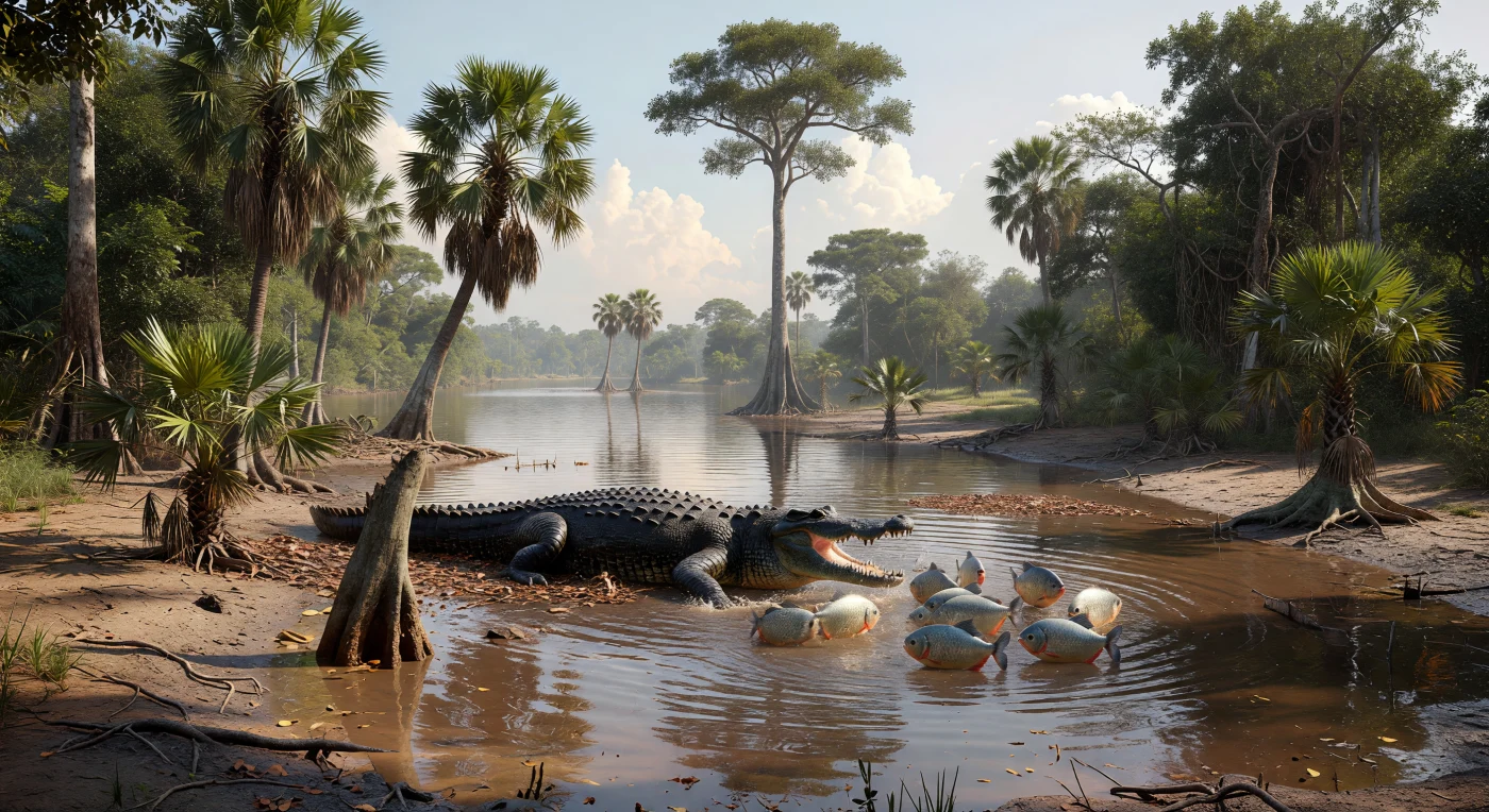 En una llanura de inundación refugial del occidente amazónico, durante el Pleistoceno tardío hace aproximadamente 126.000–11.700 años, un imponente Melanosuchus niger de unos 4,5 metros irrumpe desde un lago en herradura de aguas pardas para emboscar un banco de pirañas Pygocentrus, mientras palmeras de aguaje (Mauritia flexuosa), castañas del Brasil (Bertholletia excelsa) y lianas se reflejan en la superficie agitada. La escena muestra un ecosistema húmedo que persistió como refugio tropical incluso durante fases glaciales, alimentado por sedimentos andinos en una vasta várzea de baja altitud. Este poderoso caimán negro, aún presente en la Amazonia moderna, encarna la continuidad de antiguas redes tróficas en un paisaje de calor, barro y aguas lentas moldeado por los ritmos de las edades de hielo.