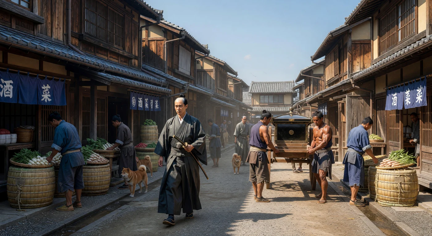 Esta vista de una calle comercial en Edo, el actual Tokio, muestra la característica arquitectura de madera de las casas *machiya* y las cortinas *noren* que identificaban a los comercios durante el siglo XVIII. En primer plano, un samurái porta el *daisho* —el par de sables que simbolizaba su estatus— mientras porteadores de palanquines o *kago* navegan a través de la vibrante actividad de la capital. La escena ilustra la rígida jerarquía social y la prosperidad económica bajo el shogunato Tokugawa, capturando la esencia del "mundo flotante" en una de las ciudades más grandes y dinámicas de la era moderna temprana.
