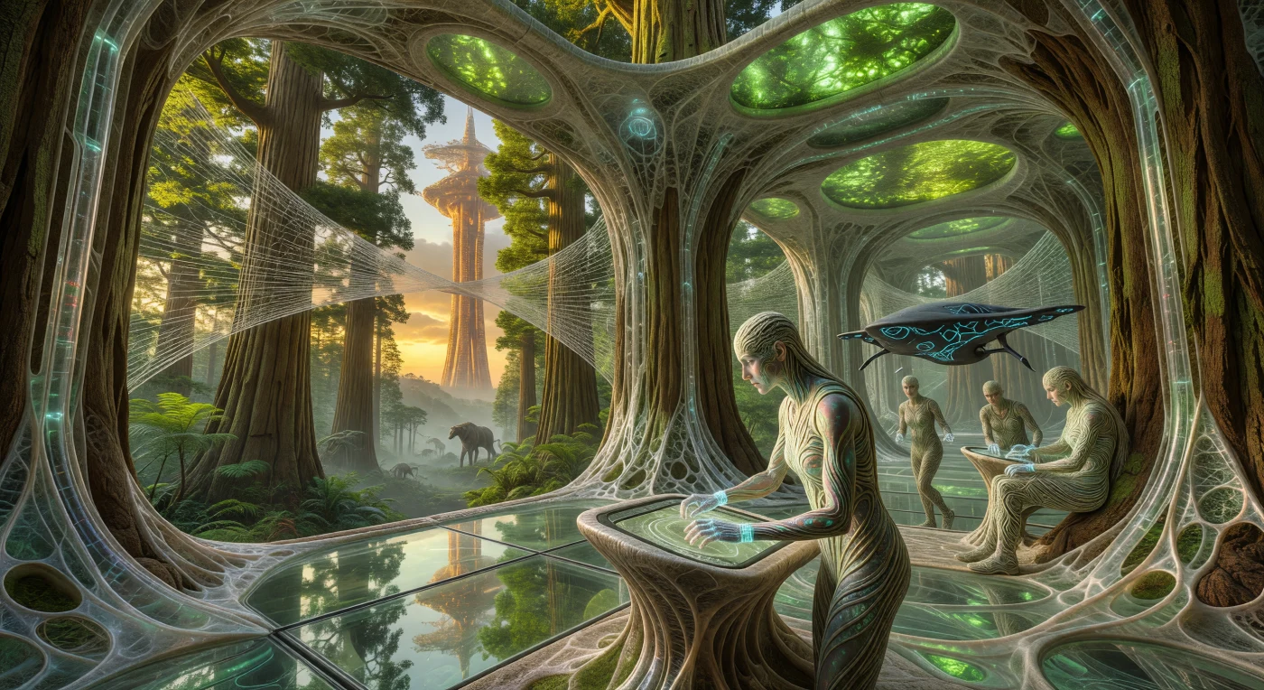 Nesta vista do interior de uma Sequóia geneticamente modificada por volta de 2145, observamos a fusão radical entre biologia e tecnologia característica da era da Convergência. As câmaras de observação são reforçadas por uma treliça de Biolito — uma "pedra viva" autorreparável — e conectadas por pontes de fios de carbono, enquanto pesquisadores com padrões dérmicos fractais operam estações de trabalho orgânicas integradas ao tronco. A trezentos metros abaixo do dossel, a megafauna vaga por uma floresta restaurada, iluminada pelo brilho verde-neon de tanques de algas que garantem a sustentabilidade deste sofisticado ecossistema vertical.
