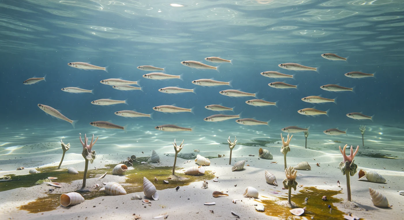 In einem warmen tropischen Schelfmeer des Kambriums, vor etwa 518–505 Millionen Jahren, gleitet ein lockerer Schwarm von Pikaia gracilens durch das blaugrüne, sonnenbeschienene Wasser, begleitet von den noch fischähnlicheren Haikouichthys ercaicunensis. Diese kleinen Chordaten und frühen Wirbeltiere – nur wenige Zentimeter lang, kieferlos und ohne paarige Flossen – gehören zu den frühesten bekannten Verwandten der späteren Fische und letztlich auch aller Wirbeltiere. Unter ihnen liegt ein heller Karbonat-Meeresboden, auf dem verstreute Hyolithes-Schalen und gestielte Gogia-Echinodermen stehen – eine stille, fremdartige Welt aus der Zeit der kambrischen Explosion.