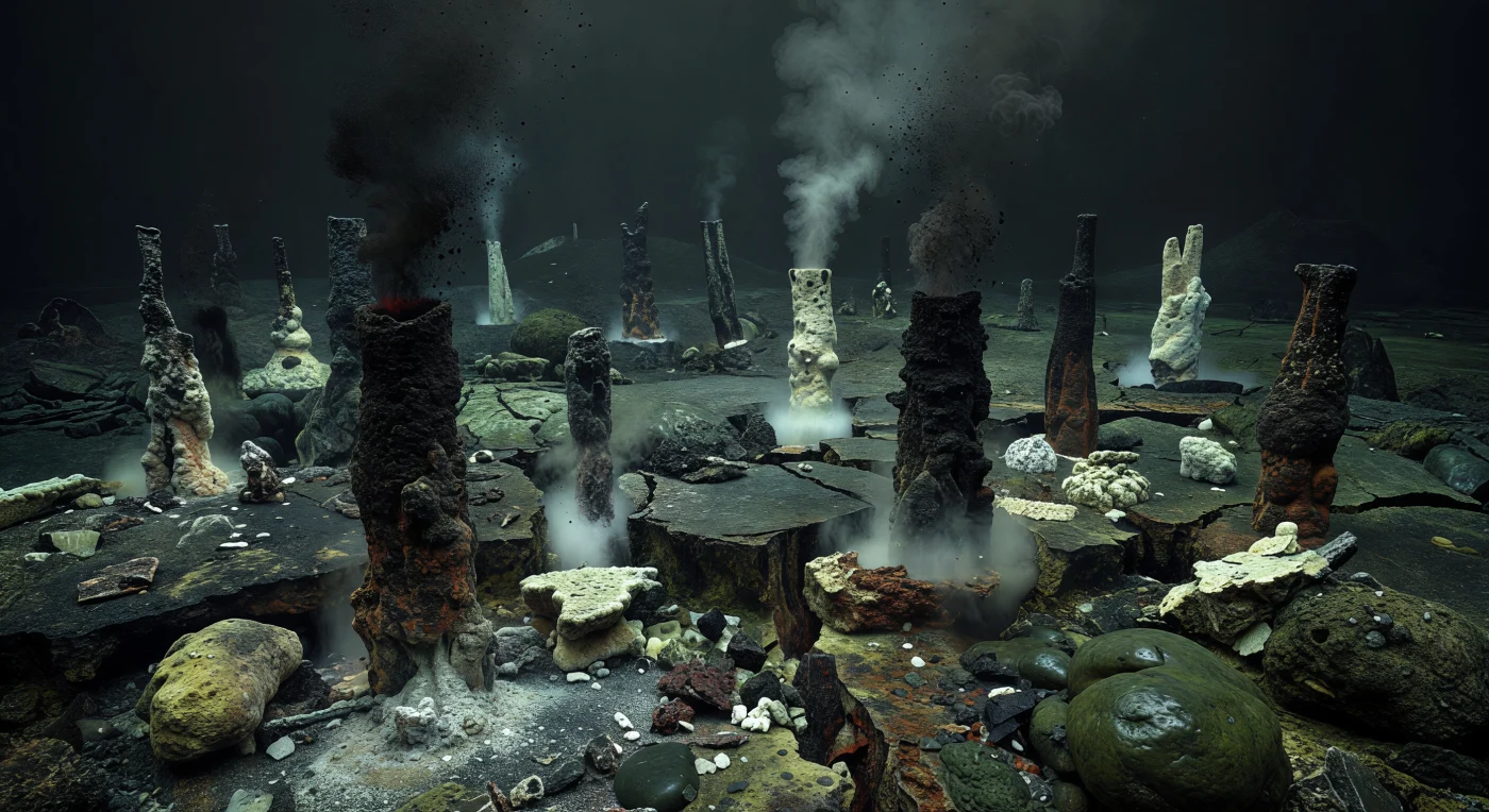 Nel tardo Adeano, circa 4,4–4,0 miliardi di anni fa, il fondale oceanico della Terra era un paesaggio oscuro e privo di animali, dominato da alti camini idrotermali di solfuri neri e da pallide guglie alcaline che si innalzavano da una crosta oceanica ultramafica fratturata e serpentinitizzata. Dalle strutture più scure fuoriescono pennacchi neri ricchi di particelle, mentre le torri chiare emettono fluidi lattiginosi: il risultato dell’intensa reazione tra acqua marina e rocce come peridotite e basalti, in un pianeta ancora anossico e geologicamente molto attivo. Qui non compaiono pesci, coralli o altre forme di vita macroscopica; al più, ambienti simili sono considerati tra i candidati più importanti per la chimica prebiotica che precedette l’origine della vita.