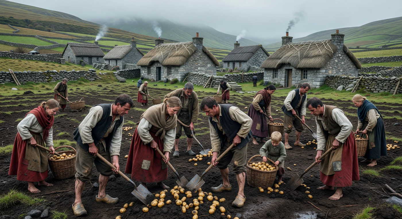 Familias campesinas en el oeste de Irlanda trabajan la tierra negra con azadones tradicionales o "loys" para cosechar la patata Lumper, el alimento base de la población justo antes de la Gran Hambruna de 1845. La escena ilustra el sistema de cultivo en surcos o "lazy beds" y las cabañas de piedra con techos de paja, conocidas como *clachans*, integradas en un paisaje marcado por la bruma del Atlántico. Esta imagen captura la precaria realidad de una sociedad rural que, a pesar de su labor comunal y resiliencia, dependía casi exclusivamente de un único cultivo para su subsistencia en el siglo XIX.