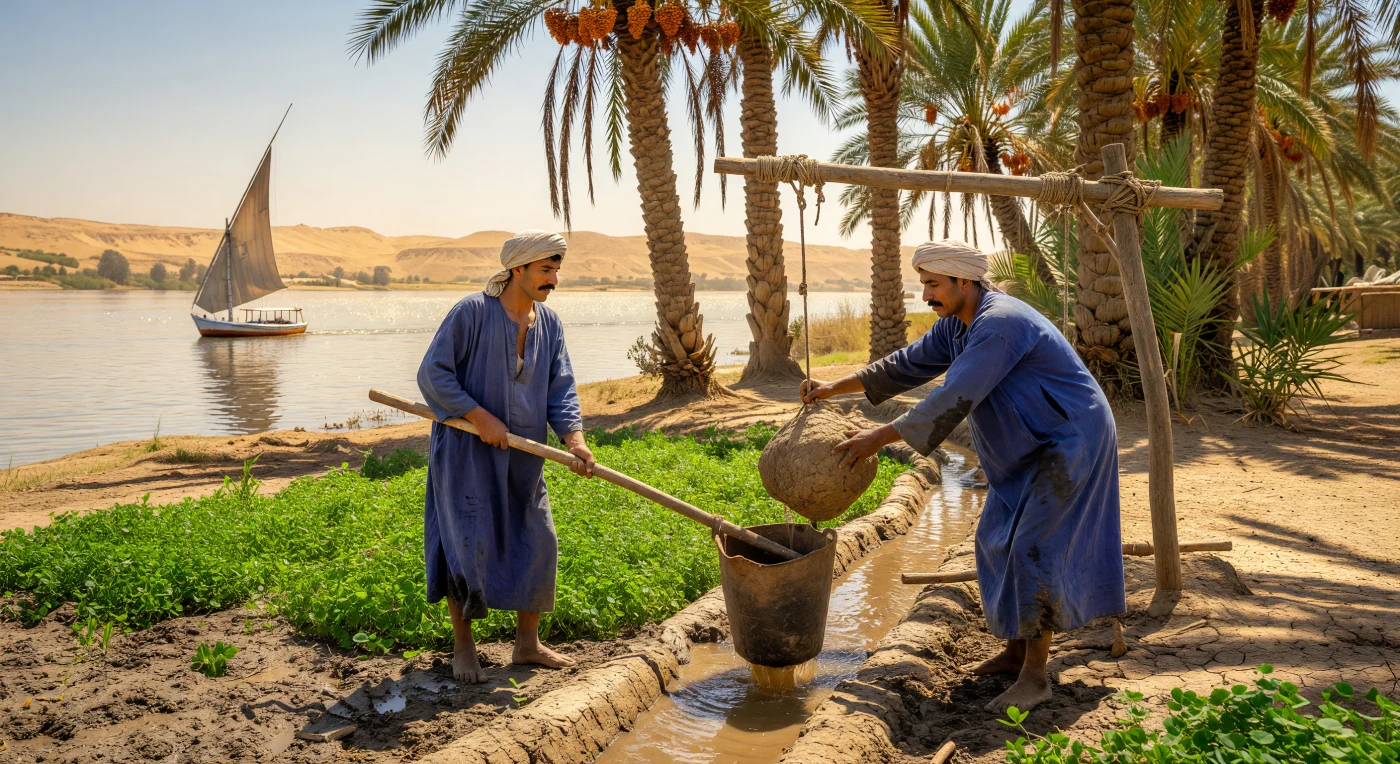 En las riberas del Alto Egipto durante la década de 1930, dos campesinos o *fellahin* operan un tradicional *shadoof* de madera para elevar las fértiles aguas del Nilo hacia sus canales de riego. Ataviados con galabeyas teñidas de índigo, estos hombres emplean una técnica de irrigación milenaria que ha permanecido prácticamente inalterada desde la antigüedad faraónica. Bajo la sombra de las palmeras datileras y el intenso sol del periodo de entreguerras, esta escena captura la persistencia del trabajo agrícola tradicional en un Medio Oriente que comenzaba a experimentar profundas transformaciones políticas y sociales.