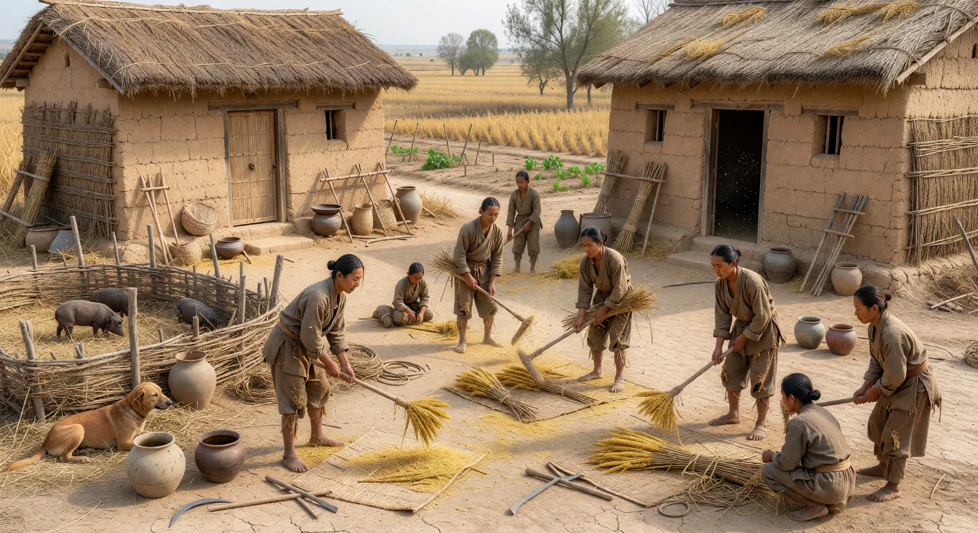 Num pátio de aldeia no norte da China, durante o período dos Reinos Combatentes (séculos IV–III a.C.), famílias camponesas Huaxia malham painço-miúdo com mangual de madeira, levantando poeira e pragana sob a luz seca do outono. À volta, veem-se casas modestas de taipa com telhados de colmo, vasilhas cerâmicas, um chiqueiro e um cão magro de guarda, compondo um retrato vívido da vida rural na planície do Rio Amarelo. O painço era um dos cereais fundamentais do norte chinês, e a presença de foices de ferro entre ferramentas ainda sobretudo de madeira e barro revela as mudanças tecnológicas que marcaram esta era de competição entre estados e de crescente intensificação agrícola.