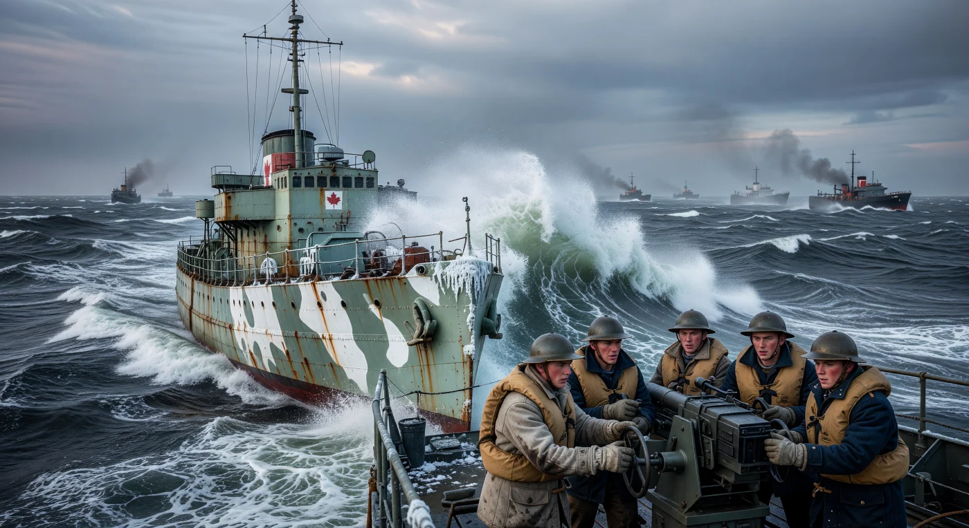 Een korvet van de Flower-klasse van de Royal Canadian Navy klieft door de ijskoude, opzwepende golven van de Noord-Atlantische Oceaan, terwijl de bemanning in zware duffelcoats een 4-inch dekkanon bemant onder een loodgrijze hemel. Dit schip, herkenbaar aan het rode esdoornblad op de schoorsteen, escorteert een konvooi van koopvaardijschepen die de vitale bevoorradingslijn vormden tussen de Amerika's en Europa tijdens de Tweede Wereldoorlog. Deze sobere maar robuuste vaartuigen vormden de ruggengraat van de Canadese marine-inspanning in de Slag om de Atlantische Oceaan, waarbij zeelieden de constante dreiging van Duitse U-boten en de meedogenloze elementen trotseerden.