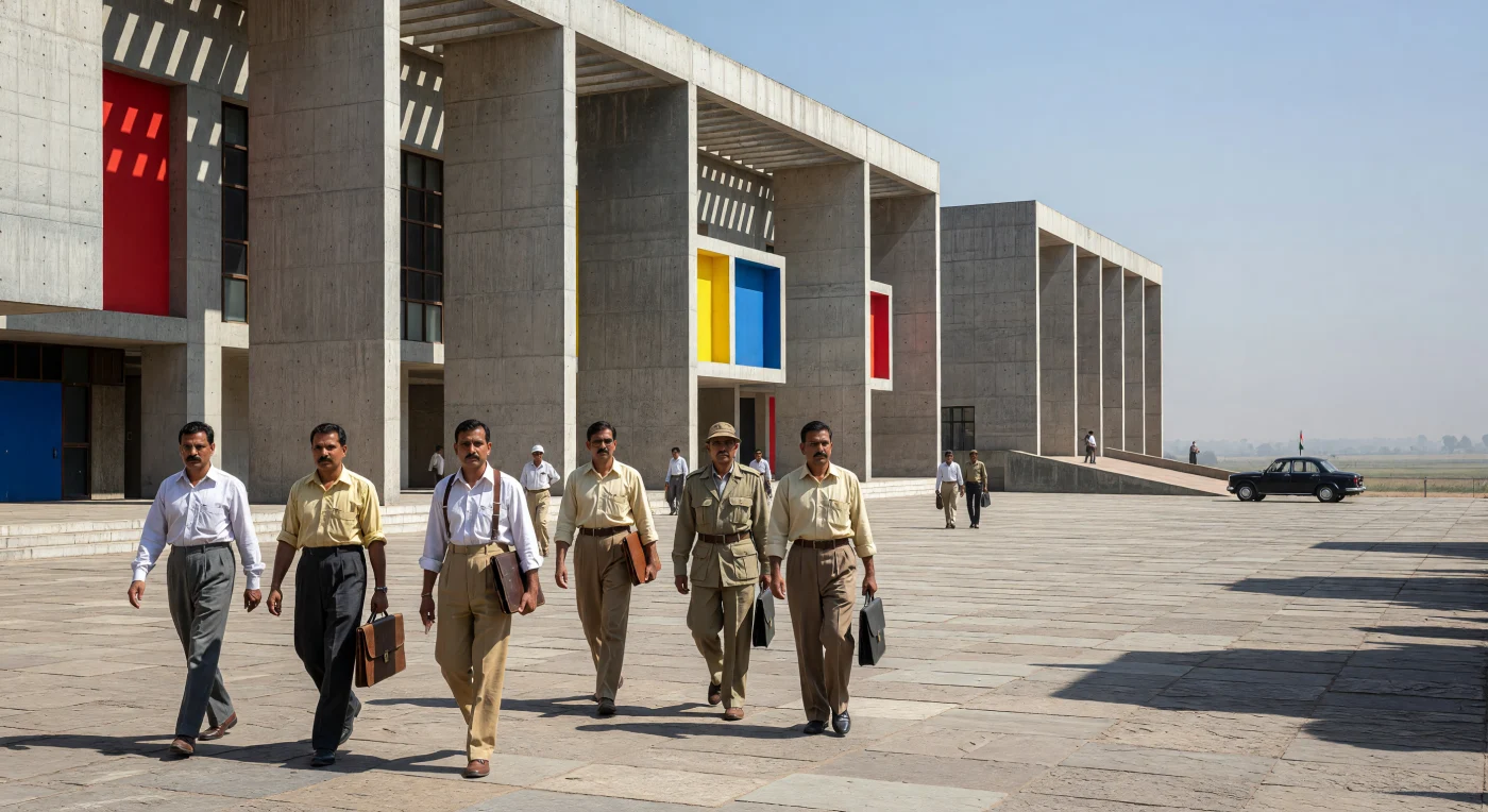 यह चित्र 1950 के दशक के उत्तरार्ध में चंडीगढ़ के उच्च न्यायालय का है, जहाँ ली कोर्बुज़िए की प्रसिद्ध ब्रुटलिस्ट वास्तुकला के विशाल 'बेटन ब्रूट' स्तंभ और प्राथमिक रंगों वाले ज्यामितीय सन-शेड्स स्पष्ट रूप से दिखाई देते हैं। इस विशाल प्रांगण में सफारी सूट और ऊँची कमर वाली पतलून पहने भारतीय सरकारी अधिकारी और वकील चलते हुए दिखाई दे रहे हैं, जो स्वतंत्र भारत की आधुनिकता और प्रशासनिक प्रगति के प्रति संकल्प को दर्शाते हैं। पंजाब की चिलचिलाती धूप और कंक्रीट की यह भव्य संरचना पारंपरिक भारत और समकालीन वैश्विक डिजाइन के बीच एक ऐतिहासिक संगम का प्रतीक है।