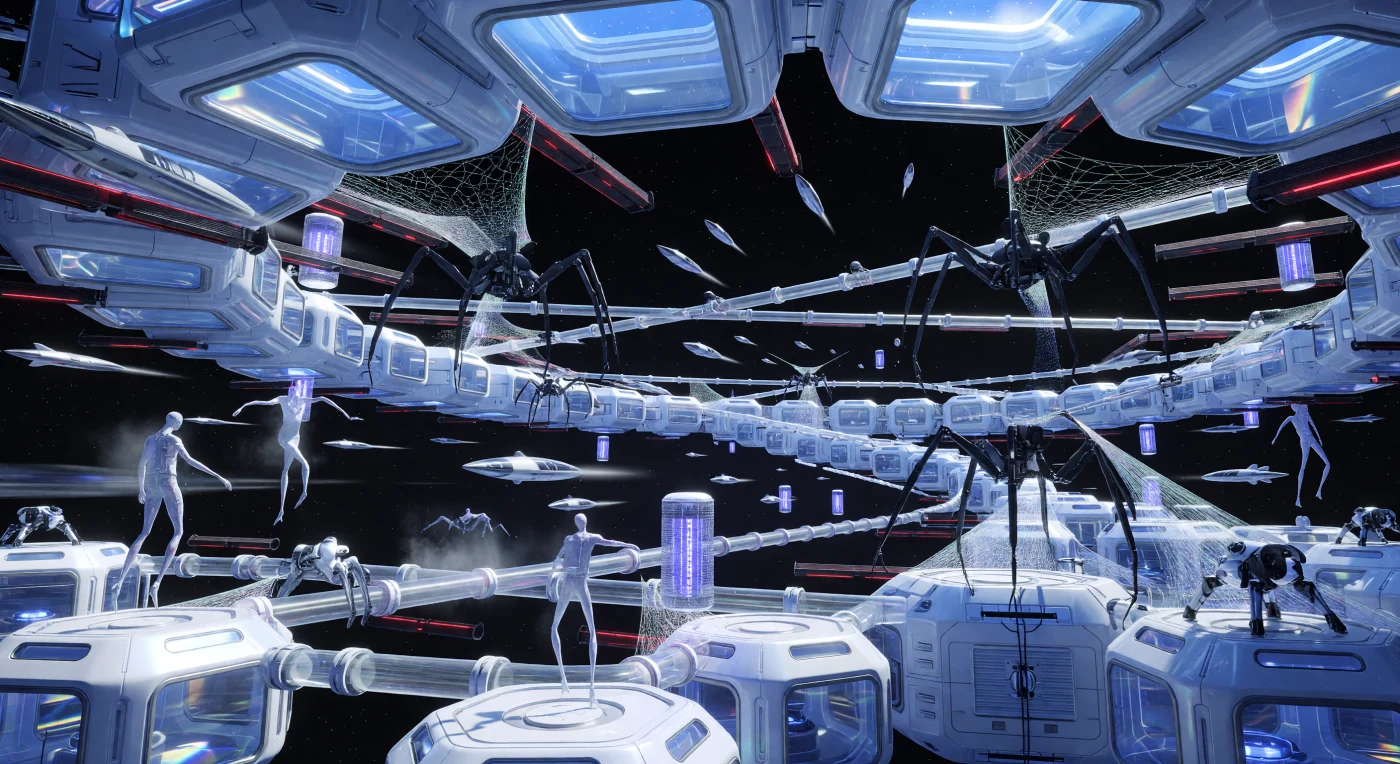 No ano de 2144 d.C., o "Cânion Urbano" do Anel Orbital terrestre revela uma metrópole de 50 quilômetros de largura composta por módulos cerâmicos e tubos de trânsito mag-lev que desafiam a perspectiva tradicional. Nesta fronteira da Era da Convergência, humanos Grav-Adaptados de membros alongados circulam entre "Proxies" robóticos e drones-aranha que reforçam a estrutura com teias de nanotubos de carbono. A cena ilustra a transição da humanidade para uma civilização de Tipo 1.2 na escala Kardashev, sustentada por energia solar espacial e dissipadores térmicos que brilham em vermelho-cereja contra o vácuo absoluto.