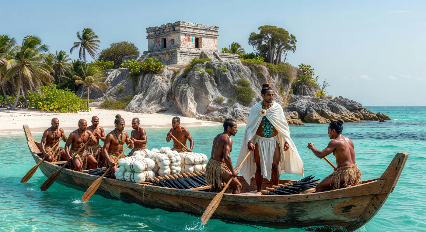 Una maestosa canoa di cedro lunga quindici metri fende le acque turchesi dei Caraibi, trasportando mercanti Maya carichi di balle di cotone e lame di ossidiana sotto le imponenti scogliere calcaree di Tulum. Intorno al 1250 d.C., queste rotte marittime erano vitali per l'economia del periodo Postclassico, collegando i principali centri cerimoniali attraverso lo scambio di beni di lusso e risorse strategiche. Sullo sfondo, il tempio del "Castillo" domina l'orizzonte, testimone di una rete commerciale sofisticata che fiorì lungo le coste dello Yucatán secoli prima del contatto europeo.