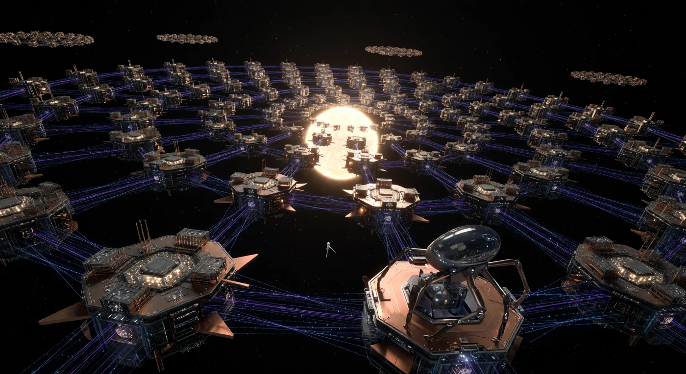 Esta vista panorámica revela las Conchas de Computación Metatrón, una colosal megaestructura de escala estelar erigida por la Tecnocracia del Sistema Solar entre los años 3890 y 4400 d.C. Billones de satélites hexagonales de cobre y grafeno forman anillos concéntricos alrededor de una enana amarilla, capturando su energía para alimentar una red de procesadores de escala femto vinculados por pulsos de datos láser. Este "Cerebro Matrioshka" representa el apogeo del Alba Interestelar, una era en la que la humanidad post-biológica trascendió sus límites biológicos para convertir sistemas solares enteros en vastos motores de conciencia y computación pura.