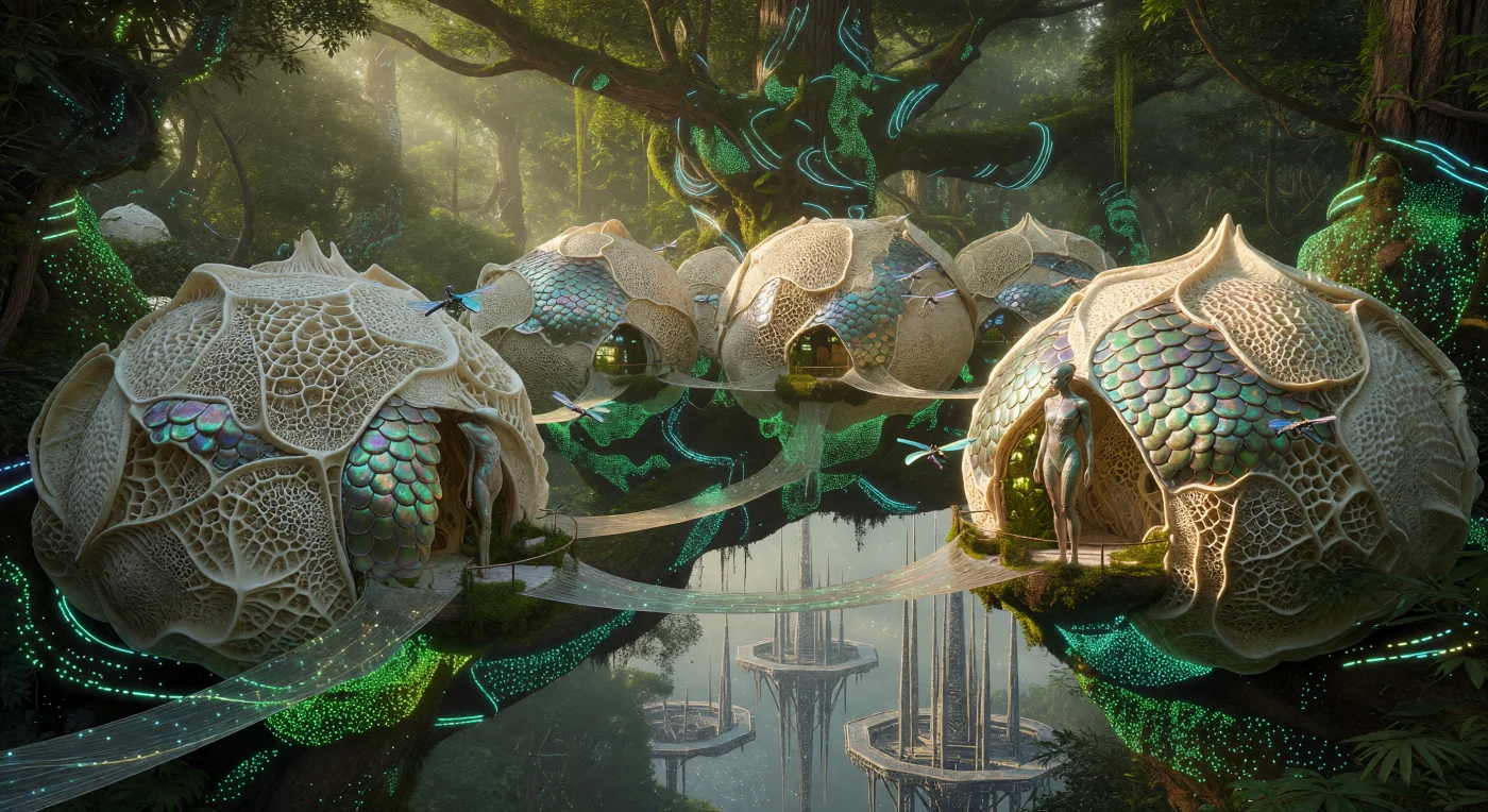 Au cœur de la Néo-Amazonie vers 2350, des capsules domestiques de quinze mètres de diamètre s'épanouissent, sculptées à partir de treillis fongiques et renforcées par des écailles de chitine iridescente. Ce complexe architectural illustre la Grande Divergence (2200–2500 apr. J.-C.), une période charnière où les Terrestres Bio-Intégrés ont délaissé le bâti traditionnel pour une symbiose avec des Séquoias Ingéniériés aux reflets bioluminescents. Tandis que des micro-drones de maçonnerie en essaim tissent continuellement des polymères organiques, ces structures vivantes témoignent d'une ère où la cité et la biosphère ne forment plus qu'un seul organisme complexe.