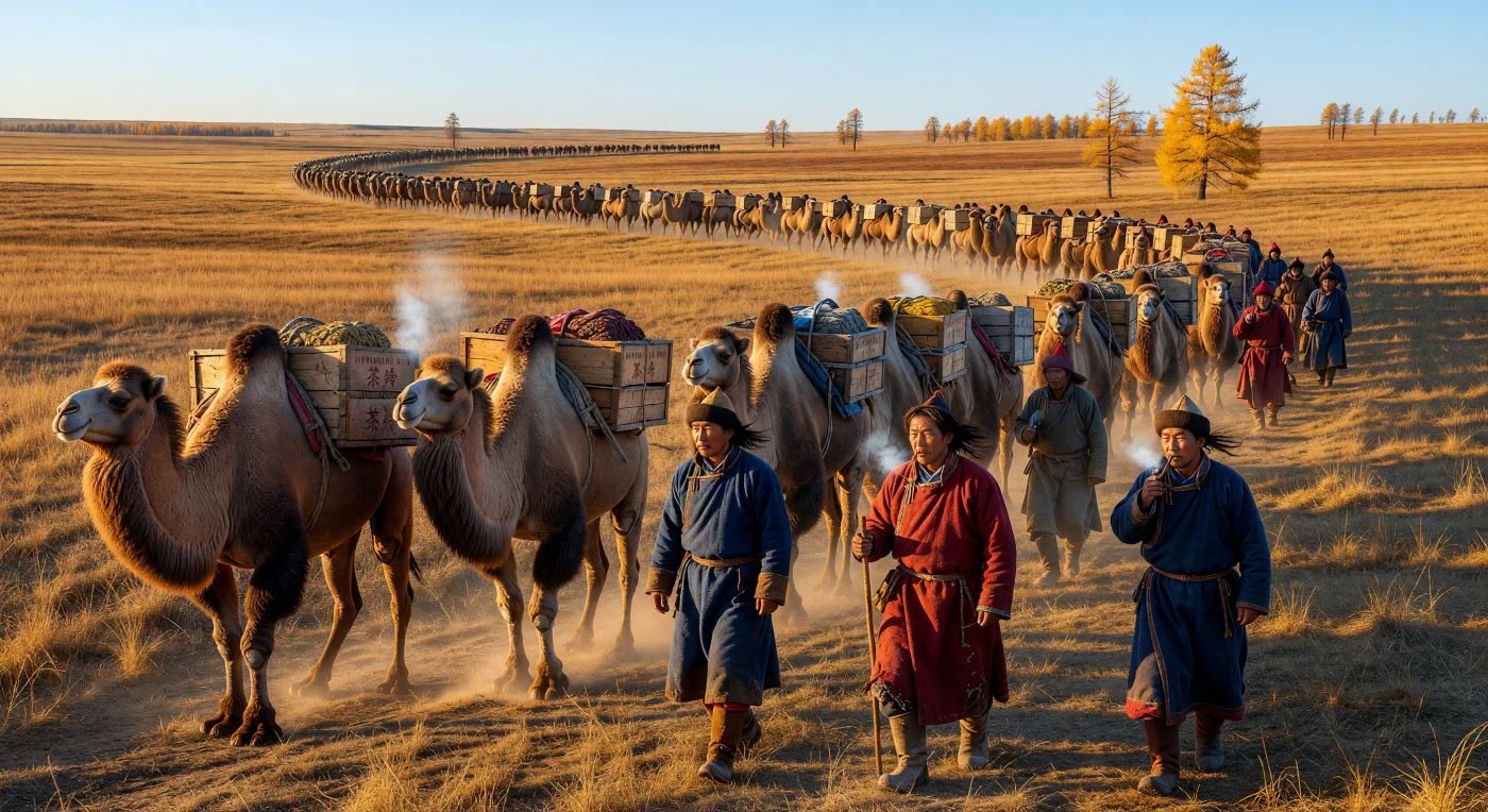 Uma longa caravana de camelos bactrianos atravessa a estepe de Kyakhta por volta de 1895, transportando pesadas caixas de chá em tijolos prensados sob a luz dourada do outono siberiano. Liderados por comerciantes Buryat trajando *deels* de lã forrados com pele e seda, estes comboios eram a espinha dorsal da histórica Rota do Chá, que conectava os mercados da China ao coração da Rússia Imperial. A cena retrata um momento crucial da Belle Époque na Ásia Setentrional, ilustrando a persistência de métodos de transporte ancestrais e tradições nômades pouco antes da plena expansão industrial trazida pela Ferrovia Transiberiana.