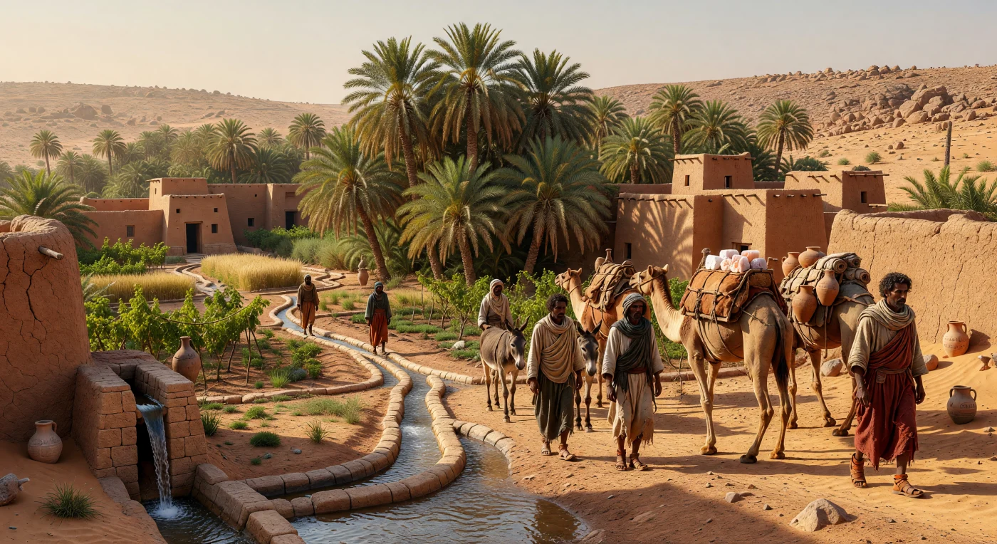 En el corazón del Fezzán sahariano del siglo IV d. C., una caravana de dromedarios y burros atraviesa un próspero asentamiento de los garamantes, donde la arquitectura de adobe se alza entre frondosos palmerales. La escena destaca el avanzado sistema de irrigación por *foggara*, una proeza de ingeniería que permitía cultivar cereales y frutas en pleno desierto mediante una red de canales que distribuían agua desde acuíferos subterráneos. Esta sofisticada civilización actuó como un nexo vital en el comercio transahariano, conectando las rutas del interior de África con el mundo mediterráneo a través del intercambio de sal, pieles y productos romanos.