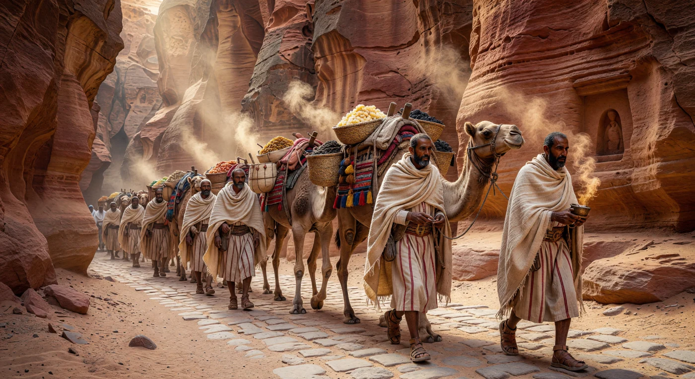 Uma caravana nabateia serpenteia pelo Siq de Petra, navegando entre as imponentes paredes de arenito rosa onde canais de água esculpidos revelam a engenhosidade técnica deste povo. Sob a luz matinal, mercadores em trajes tradicionais de lã guiam dromedários carregados com o valioso incenso e a mirra destinados aos grandes mercados do Império Romano no século II d.C. Esta cena captura a essência de Petra como um próspero entreposto comercial, onde a fumaça resinosa e os nichos votivos nas rochas testemunham o encontro entre a fé e a riqueza das rotas transarábicas.
