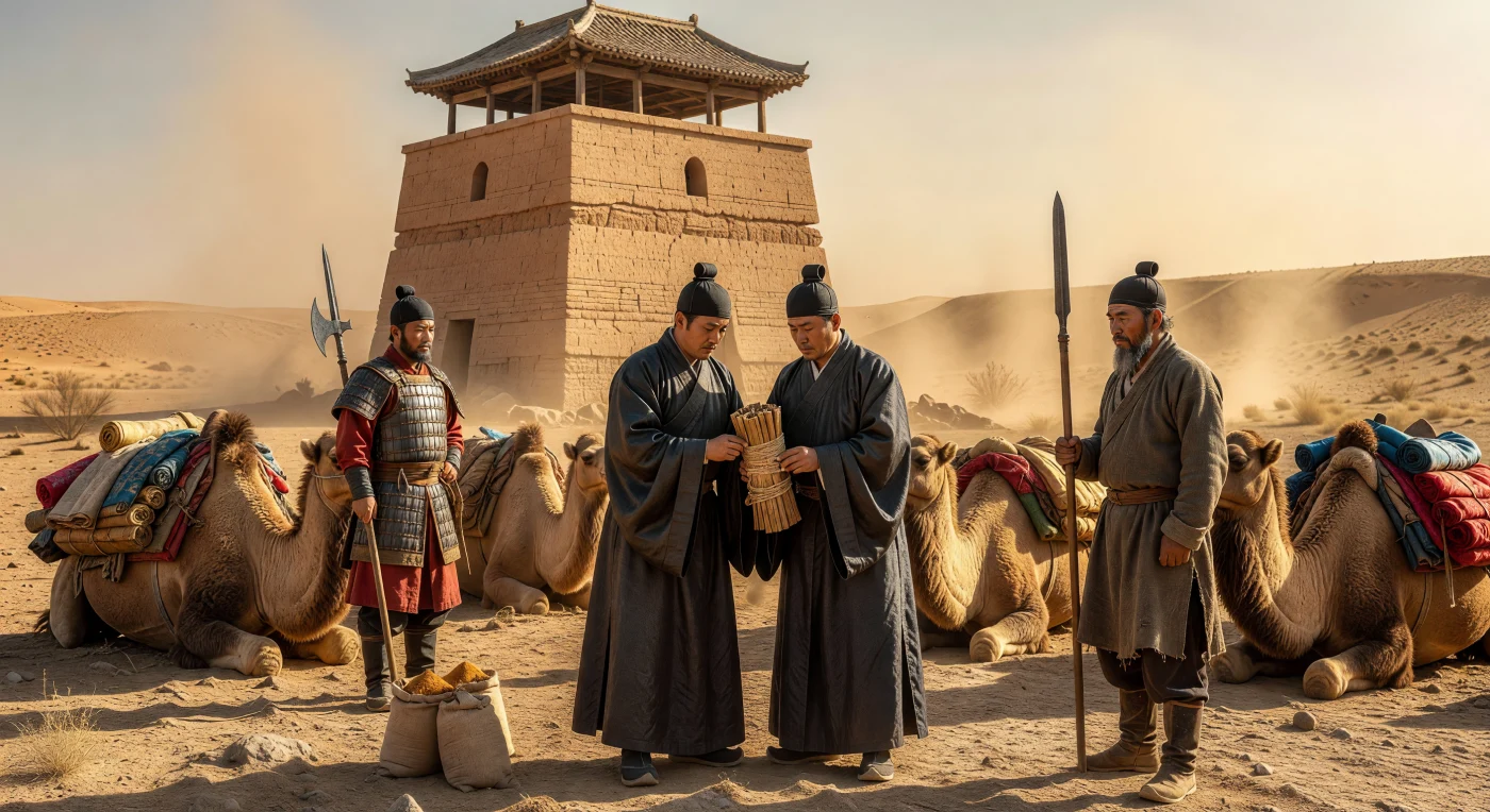 Nesta cena do século II, uma caravana da Rota da Seda faz uma pausa estratégica em um posto avançado de Dunhuang, onde oficiais da Dinastia Han inspecionam meticulosamente registros em tiras de madeira trazidos por um mercador sogdiano. Ao fundo, uma imponente torre de vigia de terra batida ergue-se sobre a paisagem árida do Deserto de Gobi, enquanto camelos bactrianos descansam carregados de fardos de seda e especiarias aromáticas. O contraste visual entre as vestes de seda fluida dos burocratas e os trajes de lã rústica do comerciante centro-asiático ilustra a rigorosa precisão burocrática e a rica diversidade cultural que definiam o comércio transcontinental na Antiguidade Tardia.
