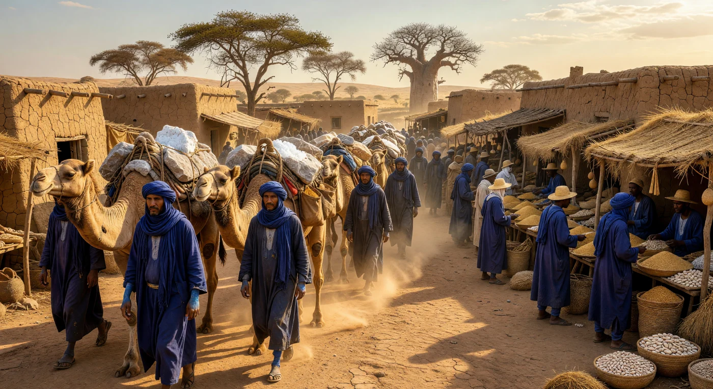 Mercadores tuaregues envoltos em vestes de índigo guiam dromedários carregados com pesadas placas de sal saariano e pó de ouro rumo a um vibrante entreposto comercial no Sahel, por volta de 1550. Esta cena captura o auge das rotas transarianas, onde a arquitetura de terra batida e os mercados de palha das cidades-estado serviam como pontos de encontro cruciais para o intercâmbio de bens valiosos e cultura sob o Império Songai. O uso de conchas de cauri como moeda e a presença de tecidos finamente tingidos refletem a sofisticação econômica e a riqueza das civilizações da África Ocidental durante o período da Renascença.