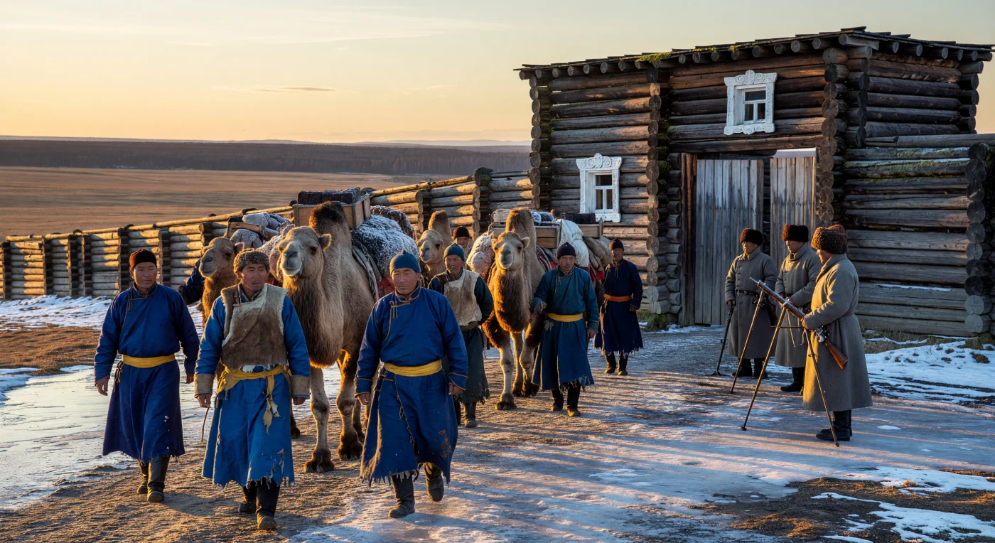 Bajo la luz dorada de una tarde siberiana hacia 1840, una caravana de comerciantes mongoles khalkha guía a sus camellos bactrianos cargados de té prensado hacia las imponentes puertas de madera del fuerte ruso de Kyakhta. Este puesto fronterizo era el corazón del Gran Camino del Té, un nexo vital donde las tradiciones nómadas de la estepa se encontraban con la expansión del Imperio ruso y los "ladrillos de té" funcionaban como una valiosa moneda de cambio. La escena ilustra la vibrante vestimenta de seda de los comerciantes frente a la ruda arquitectura de troncos de los cosacos, capturando la tensión y el dinamismo del comercio transcontinental en el norte de Asia.