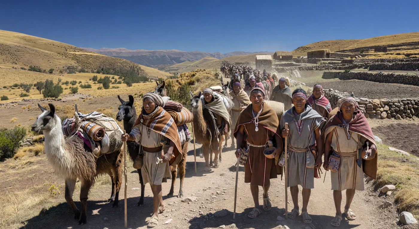 Sous l’immense ciel bleu de la puna andine, des caravanes de lamas avancent sur un sentier pierreux, guidées par des marchands des hautes terres vêtus de tuniques et de manteaux en laine de camélidé, leurs bêtes chargées de ballots de tissus, de poisson séché et d’objets en coquillage. Vers 200 av. J.-C.–1 apr. J.-C., dans les hautes terres du sud du Pérou et autour du bassin du Titicaca, ces caravanes formaient l’épine dorsale des échanges à longue distance, reliant côte pacifique, plateaux d’altitude et vallées andines. Les terrasses de pierre visibles au bord de la piste rappellent l’ingéniosité agricole de ces sociétés, tandis que les coquillages de Spondylus, venus de mers lointaines, témoignent d’un réseau commercial étendu bien avant l’époque inca.