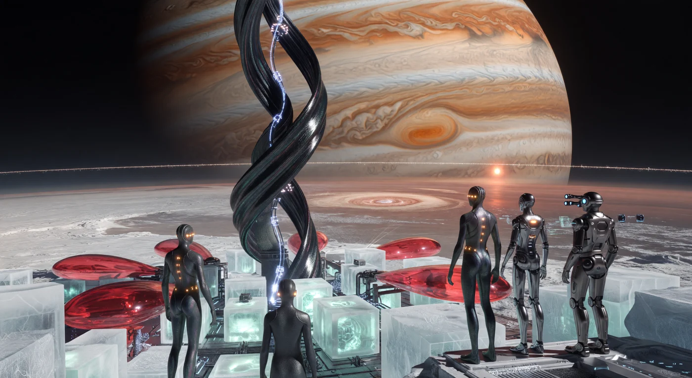 This scene captures the Ganymede Flux-Lift during the Solar Expansion era (c. 2500–3000 AD), where a gargantuan carbon-nanotube elevator ascends from a city of translucent ice-concrete toward the Jovian orbital ring. Dominating the ammonia-white sky is the massive, banded expanse of Jupiter, providing soft copper-toned illumination to a landscape cooled by glowing red liquid-droplet radiators known as "Heat-Wings." In the foreground, "Vacuum-Hardened" humans—biologically adapted for 0.146g gravity with elongated limbs and radiation-shielding nanodermis—observe the lift’s energy signatures alongside a multi-jointed "Substrate-Being" robotic avatar. This period represents the height of Jovian colonization, defined by the harvesting of magnetospheric flux and the diversification of human life into specialized biological and digital niches.