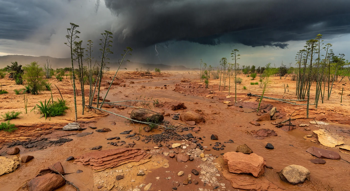 At the foot of the rising Variscan Mountains in the Late Carboniferous, roughly 310–300 million years ago, a violent sheetflood tears across a semi-arid alluvial fan, carrying red mud, boulders, and ash through ephemeral braided channels. Uprooted Calamites—tree-sized horsetail relatives—line the flood margins, while scattered seed ferns, cordaitaleans, and early conifer-like plants cling to better-drained ground, illustrating that not all Carboniferous landscapes were lush coal swamps. This scene captures a dryland corner of western Pangaea, where seasonal storms, active mountain building, and oxidized red-bed sediments shaped a harsh but dynamic ecosystem.