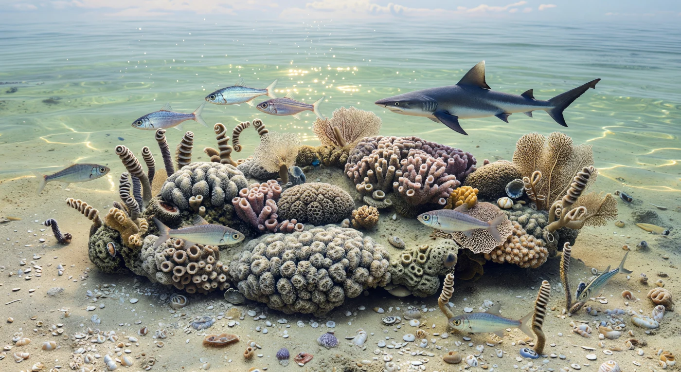 In een warme, heldere ondiepe zee van het Laat-Carboon, ongeveer 310–300 miljoen jaar geleden, rijst een bescheiden kalkmodderrif 1–2 meter op boven een bleke zeebodem van kalkslib, crinoïdenfragmenten en verspreide brachiopodenschelpen. Het rif is opgebouwd uit grijstanige kolonies van de rugose koralen Lithostrotion en buisvormige Syringopora, verweven met de kurkentrekker-vormige bryozo Archimedes en fijn netvormige waaiers van Polypora. Tussen zonnestralen schieten kleine zilverflitsende Elonichthys voorbij, terwijl daarboven een mannetje van de vroege haai Stethacanthus met zijn kenmerkende “strijkplank”-rugstructuur rustig over dit Paleozoïsche riflandschap kruist.