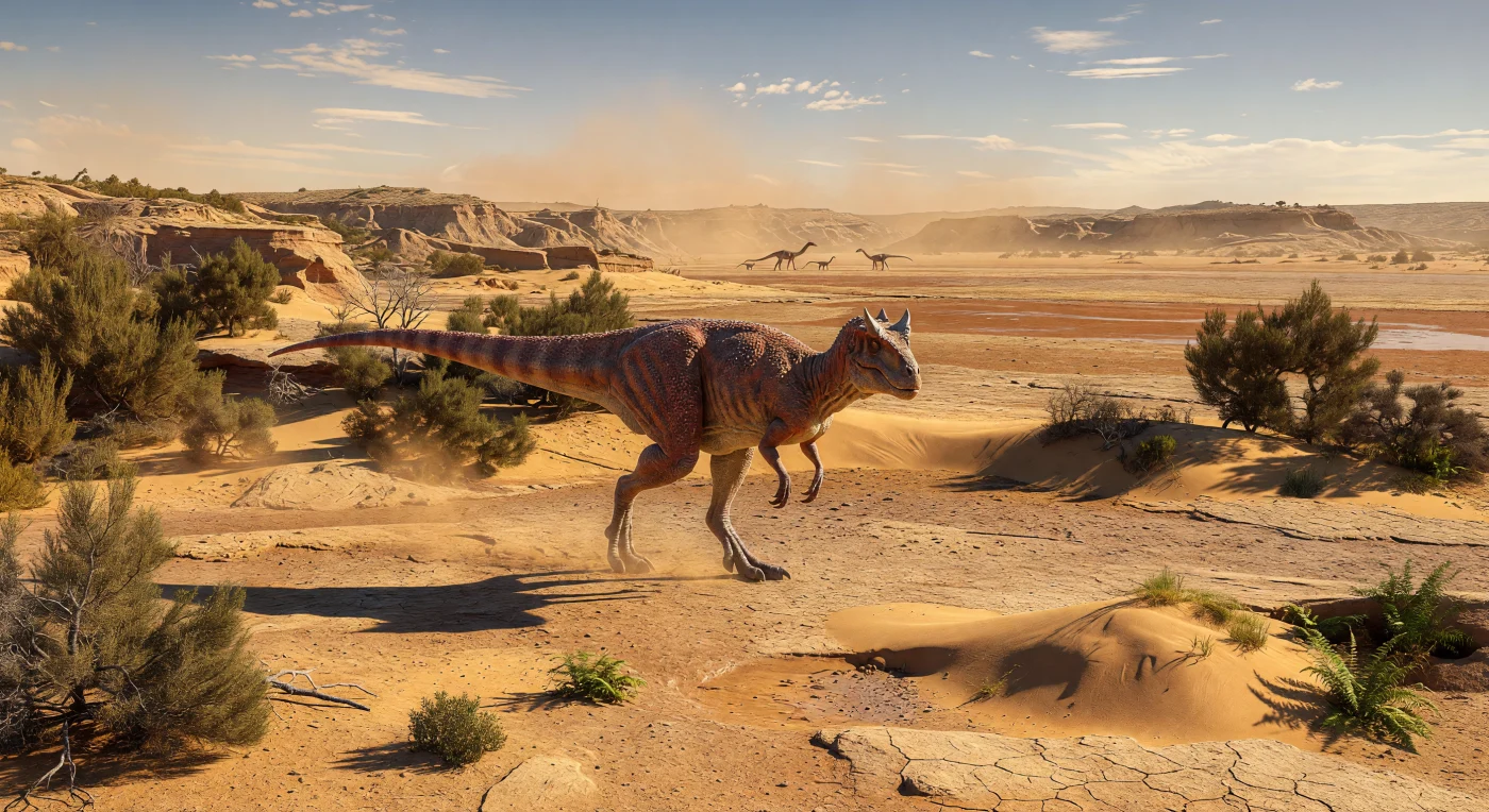 Nel tardo Cretaceo, circa 72–69 milioni di anni fa, un adulto di Carnotaurus sastrei attraversa con passo furtivo una piana fangosa disseccata del Bacino di Neuquén, nell’attuale Patagonia argentina, dirigendosi verso giovani titanosauri lontani all’orizzonte. Le sue corna sopra gli occhi, il cranio corto e profondo, le zampe posteriori possenti e le minuscole braccia da abelisauride si stagliano nella luce dorata della sera, mentre la pelle squamosa e nodulare riflette polvere e ombra. Questo paesaggio semi-arido di dune fini, mudstone alluvionali, noduli di calcrete e radi cespugli di conifere cheirolepidiacee racconta un Gondwana meridionale dominato da predatori abelisauridi e giganteschi sauropodi, in un mondo caldo e ventoso poco prima della fine dell’era dei dinosauri.