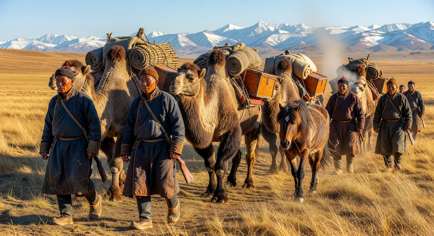 Una carovana di pastori Khalkha attraversa l'altopiano del Khangai, guidando cammelli battriani carichi di *ger* smontate e bauli in legno sotto la luce radente di un freddo pomeriggio autunnale. Gli uomini, avvolti in pesanti *deel* bordati di seta, portano a tracolla fucili Mosin-Nagant che riflettono le tensioni belliche degli anni '40 in questa remota regione dell'Asia settentrionale. La scena illustra la resilienza della vita nomade mongola, capace di preservare tradizioni millenarie nonostante l'asprezza del clima siberiano e l'eco dei conflitti globali.
