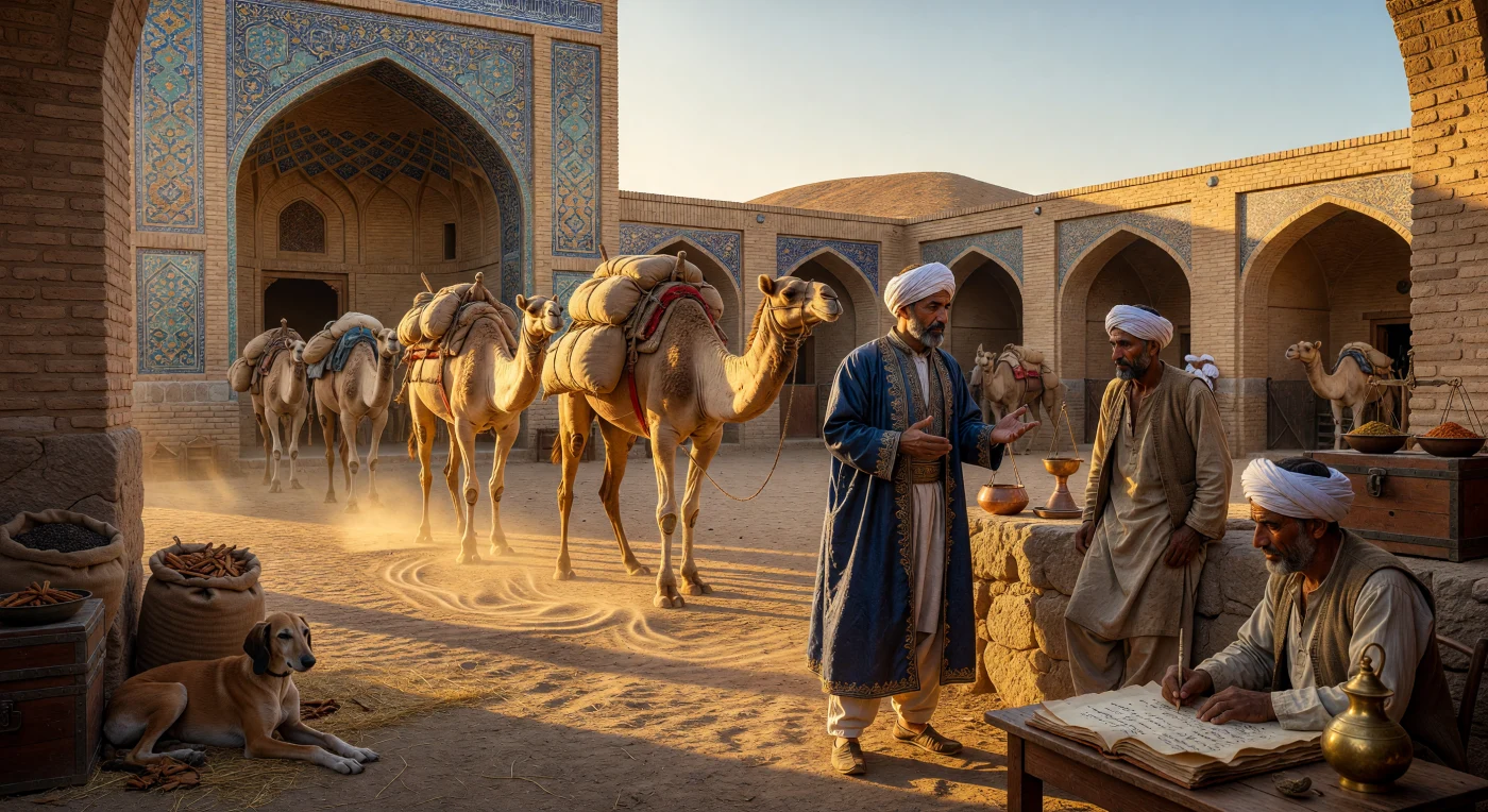 Una carovana di dromedari carichi di pepe e cannella attraversa il maestoso portale di un caravanserraglio timuride, le cui mura in mattoni ocra risplendono sotto la calda luce dorata del pomeriggio. Sotto l'imponente arco decorato con piastrelle di cobalto e turchese, mercanti in raffinati caftani di seta negoziano il prezioso carico, mentre uno scriba registra meticolosamente le merci su carta di Damasco. Queste strutture fortificate rappresentavano nodi vitali lungo la Via della Seta nel XIV secolo, fungendo da centri essenziali di scambio economico e culturale tra la Persia, il Levante e il resto del mondo medievale.