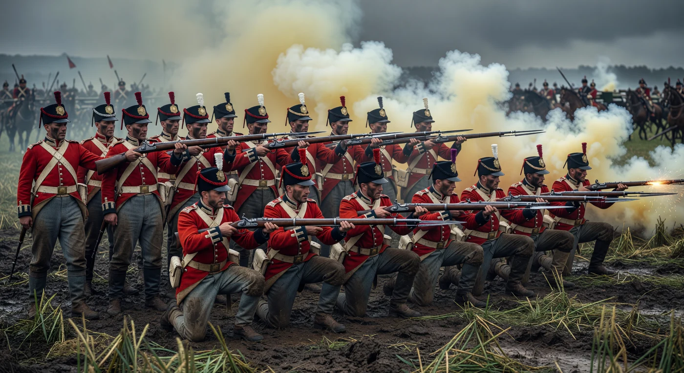Lors de la bataille de Waterloo en juin 1815, l'infanterie britannique forme ici un carré défensif, une tactique disciplinée conçue pour briser l'élan de la cavalerie napoléonienne sous un ciel lourd et saturé de fumée de poudre. À travers le chaos du champ de bataille belge, les soldats en tuniques écarlates s'arc-boutent dans la boue, leurs baïonnettes fixées aux mousquets Brown Bess créant un rempart d'acier infranchissable. Cette scène capture l'épuisement et la détermination des troupes de Wellington, dont la résistance stoïque a scellé le destin de l'Europe à la fin de l'ère napoléonienne.