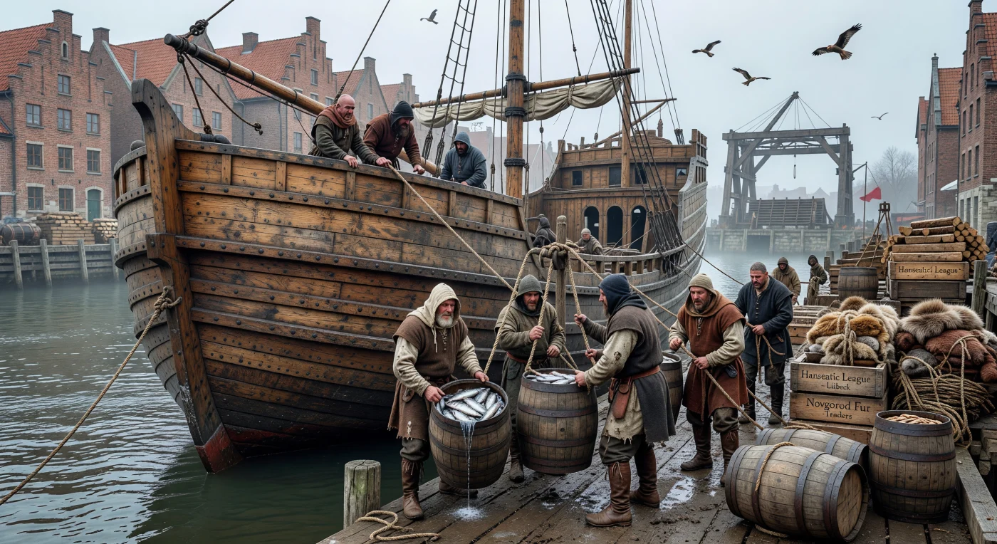 Estivadores vestidos com capuzes de lã e túnicas de couro içam pesados barris de arenque salgado para o convés de uma coca hanseática, um robusto navio de mastro único atracado num porto de madeira sob o céu nublado do Mar Báltico. Esta cena do século XIV ilustra o auge da Liga Hanseática, uma poderosa aliança comercial que dominava as rotas do norte da Europa, utilizando embarcações de engenharia avançada para transportar mercadorias essenciais entre cidades de arquitetura gótica. O realismo da lama no cais e o uso de complexos sistemas de roldanas revelam a escala e a dureza do trabalho portuário que sustentava a economia marítima da Baixa Idade Média.