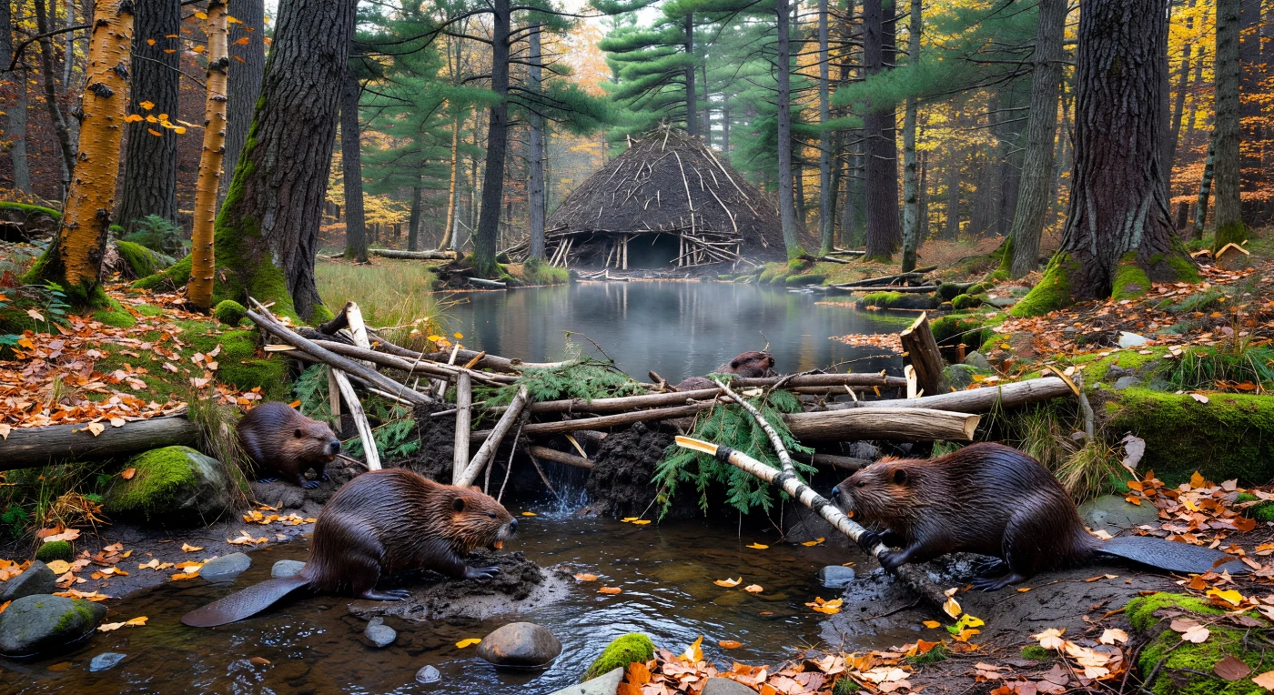 In questa veduta del XVIII secolo, diversi castori americani (*Castor canadensis*) sono ritratti mentre costruiscono una solida diga di fango e rami di betulla tra i maestosi pini bianchi della valle del San Lorenzo. Questi instancabili architetti naturali non erano solo fondamentali per l'equilibrio dell'ecosistema, ma rappresentavano la risorsa principale del commercio delle pellicce, il motore economico che alimentò l'espansione della Nuova Francia e delle colonie britanniche. La scena cattura la bellezza selvaggia e incontaminata delle foreste nordamericane prima della grande trasformazione coloniale, dove la fauna selvatica definiva i confini e le ricchezze del nuovo mondo.