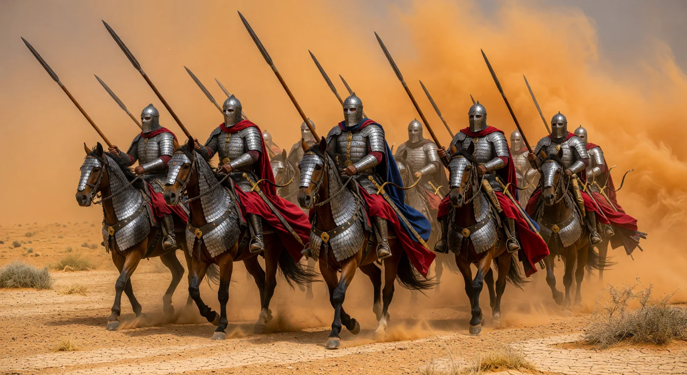 Esta imagem retrata uma coluna de catafractários sassânidas, a elite da cavalaria pesada persa, avançando através de uma tempestade de areia na Mesopotâmia do século IV. Totalmente protegidos por armaduras de escamas de ferro e empunhando as massivas lanças *kontos*, estes nobres guerreiros representavam o auge da tecnologia militar da Antiguidade Tardia. Conhecidos como *Savaran*, eles eram a força de choque definitiva do Império Sassânida, combinando uma proteção quase impenetrável com o prestígio social da nobreza *Azatan* para desafiar o domínio de Roma no Oriente.