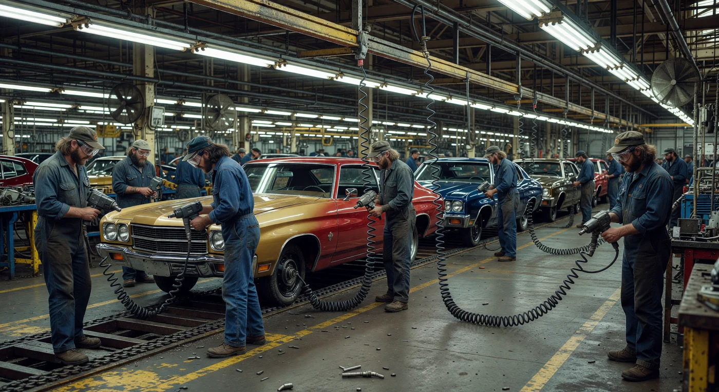 Questa veduta ravvicinata della linea di montaggio General Motors a Oshawa, nel 1972, cattura l'apogeo dell'energia industriale canadese durante l'era contemporanea. Operai specializzati, con tute di jeans e occhiali protettivi d'epoca, utilizzano pesanti avvitatori pneumatici per assemblare telai di Chevrolet Chevelle in tonalità iconiche come il Mohave Gold e il Cranberry Red. L'immagine testimonia la centralità dell'industria automobilistica nell'economia del Nord America e il ruolo fondamentale della forza lavoro nel sostenere l'espansione del sogno suburbano del dopoguerra.